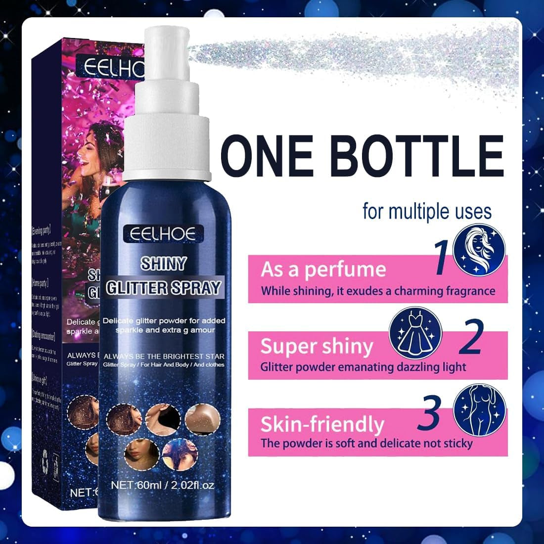 Body Glitter Spray - Glitter Spray 60 Ml Glitter Hair Spray for Hair, Skin, Face & Clothing - Quick Drying for Halloween, Carnival & Birthdays (All over Shine)