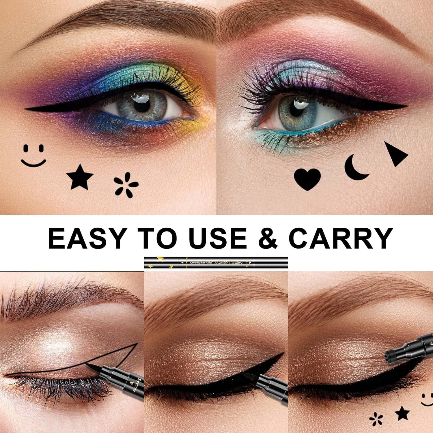 6-Piece Double-Headed Eyeliner Stamp Set - Black Liquid Eyeliner Pens with Star, Moon, Heart, Flower, Smiley, and Triangle Stencils for Women - Long-Lasting, Waterproof, and Smudge-Proof Makeup Kit