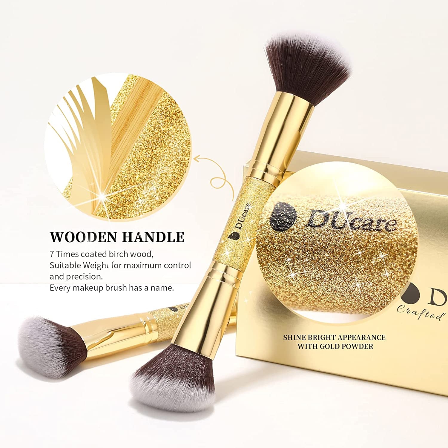 Duo-End Foundation and Contour Makeup Brushes - Synthetic Cosmetic Tools (2 Pieces, Gold)