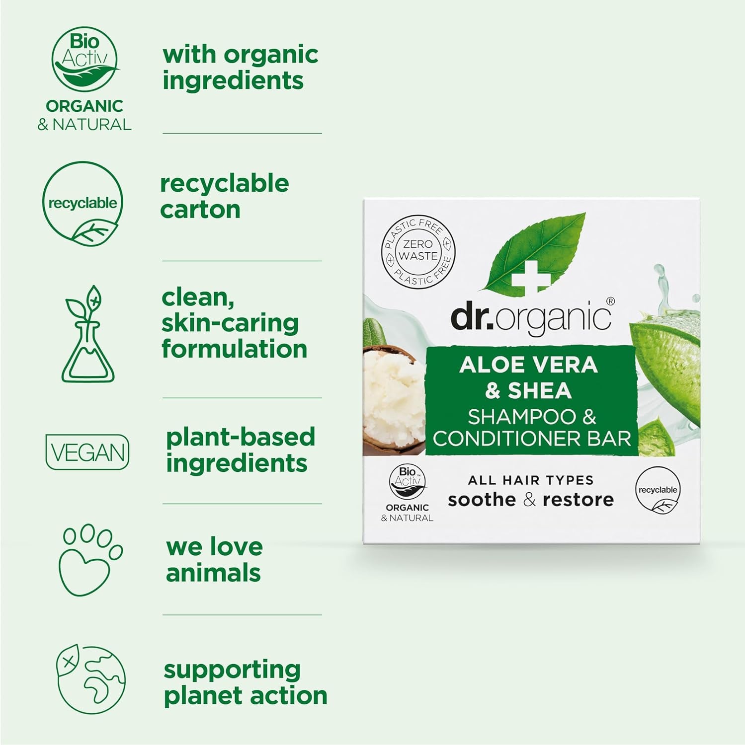 Dr. Organic Aloe Vera & Shea Shampoo and Conditioner Bar - Nourishing for Curly and Thick Hair, Plastic-Free, Natural, Vegan, Cruelty-Free, Paraben and SLS-Free, Organic, 75g