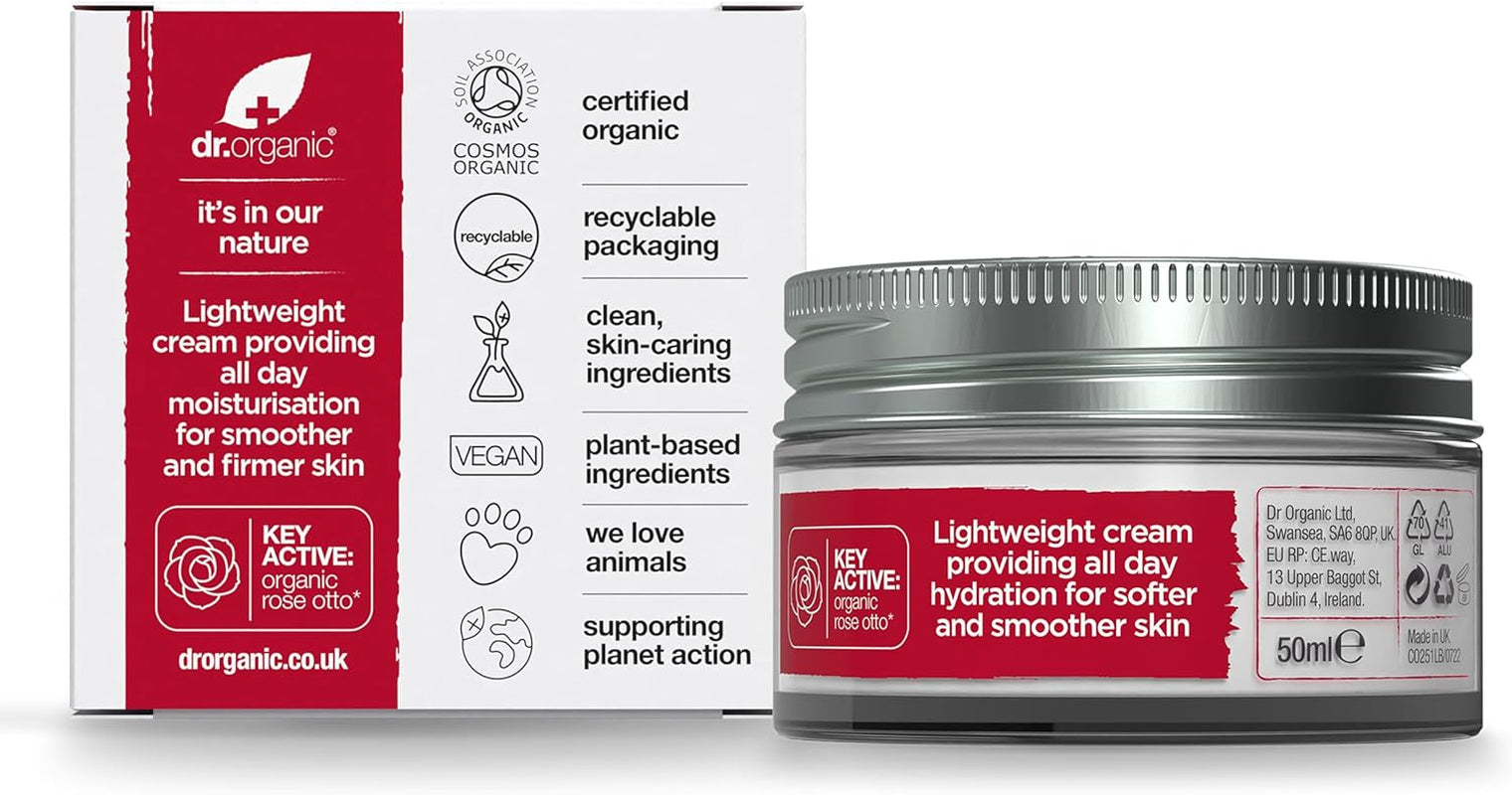 Dr Organic Rose Otto Day Cream - Moisturizing Formula for Mature Skin, Suitable for All Genders, Natural and Vegan, Cruelty-Free, Paraben & SLS-Free, Eco-Friendly Packaging, 50ml