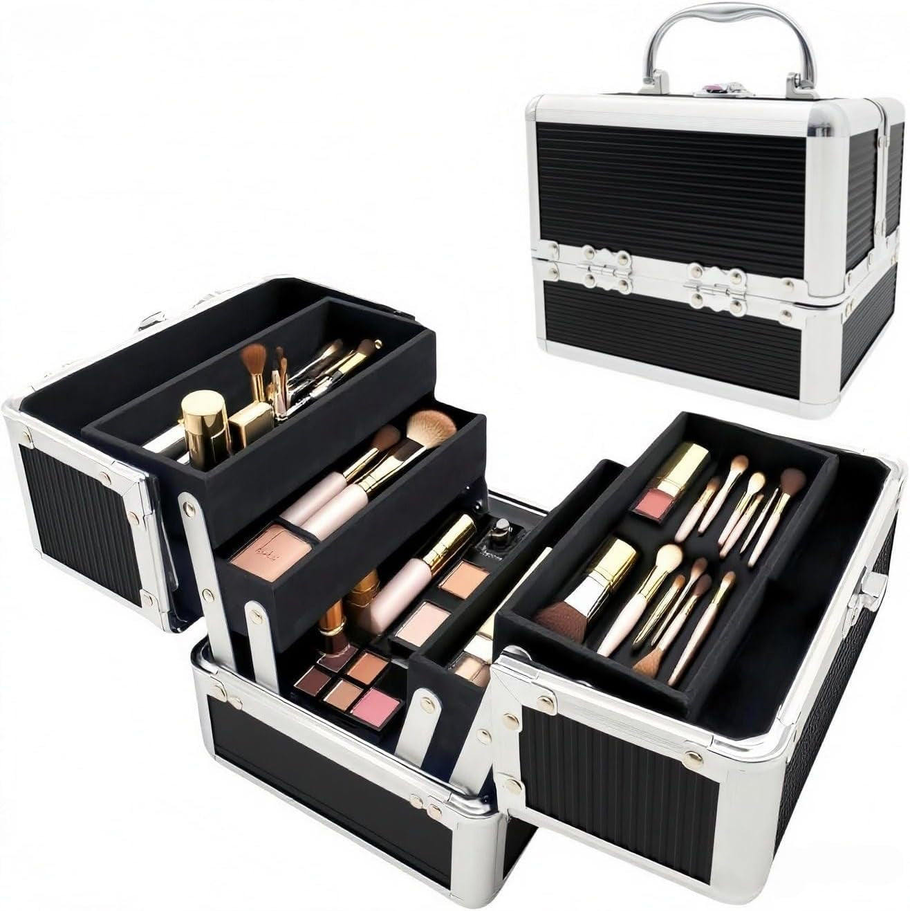Aluminium Makeup Case with 4 Fold-Out Trays, Spacious Bottom Compartment, and Carry Handle - Black - Compact Size