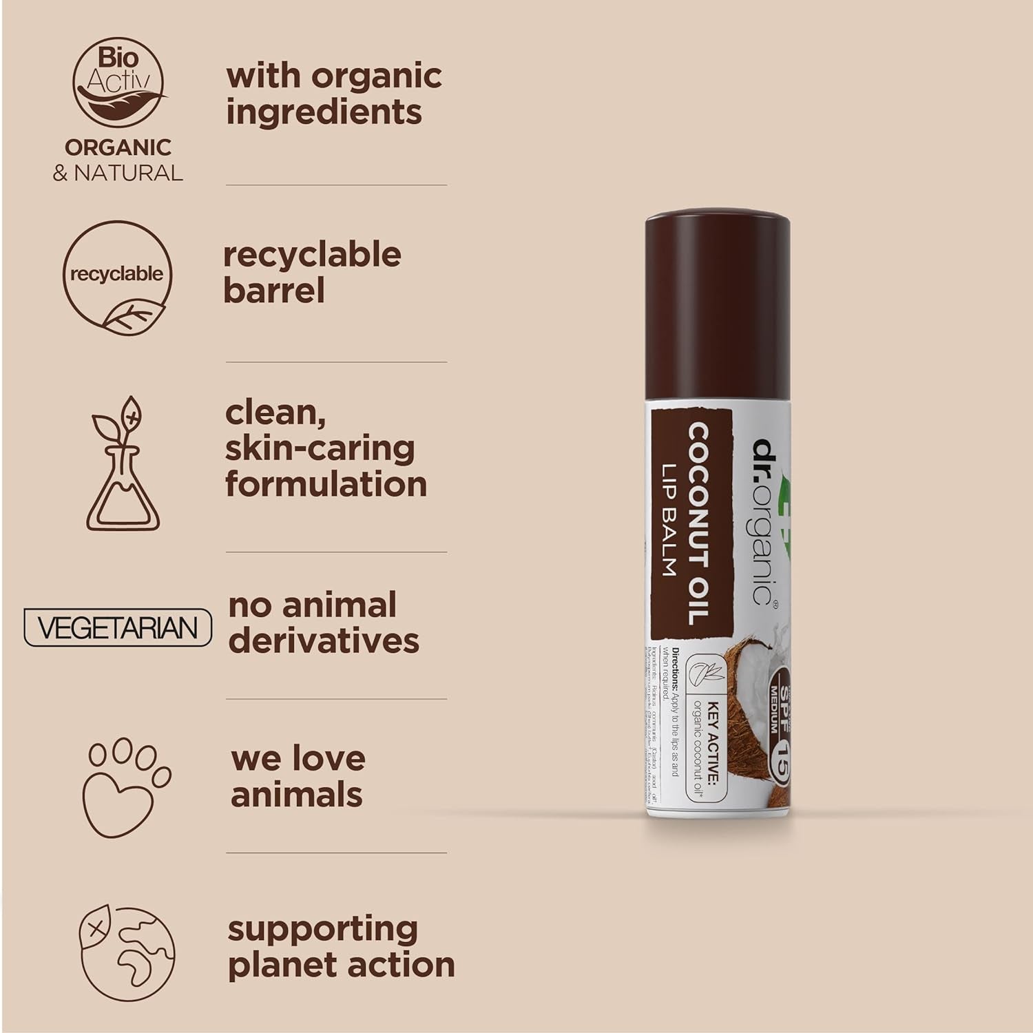 Dr Organic Coconut Oil Lip Balm with SPF 15 - Moisturizing Formula for Men and Women, Natural, Vegetarian, Cruelty-Free, Paraben and SLS-Free, Eco-Friendly Packaging, 5.7ml