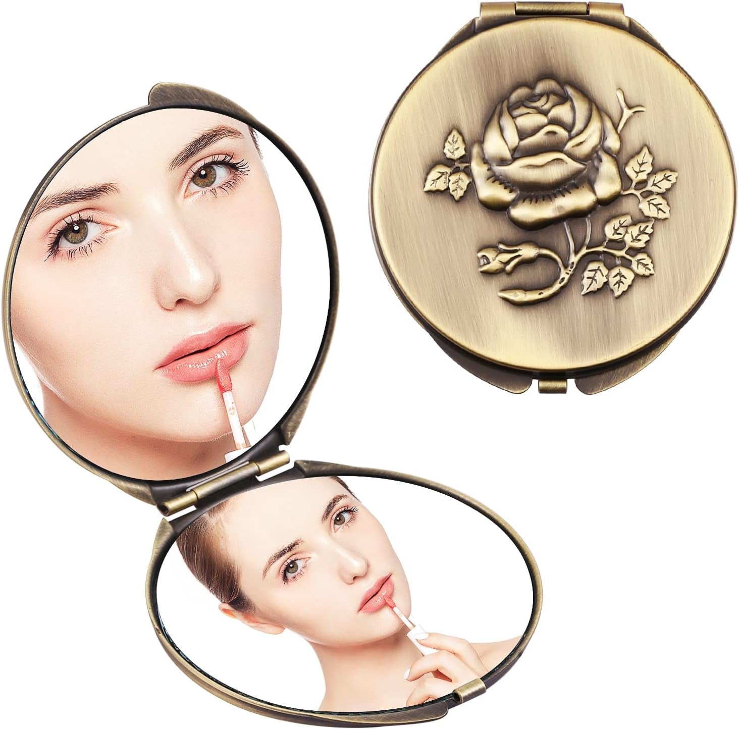 Retro Bronze Metal Compact Mirror with 1X/2X Magnification - Portable and Foldable Travel Accessory