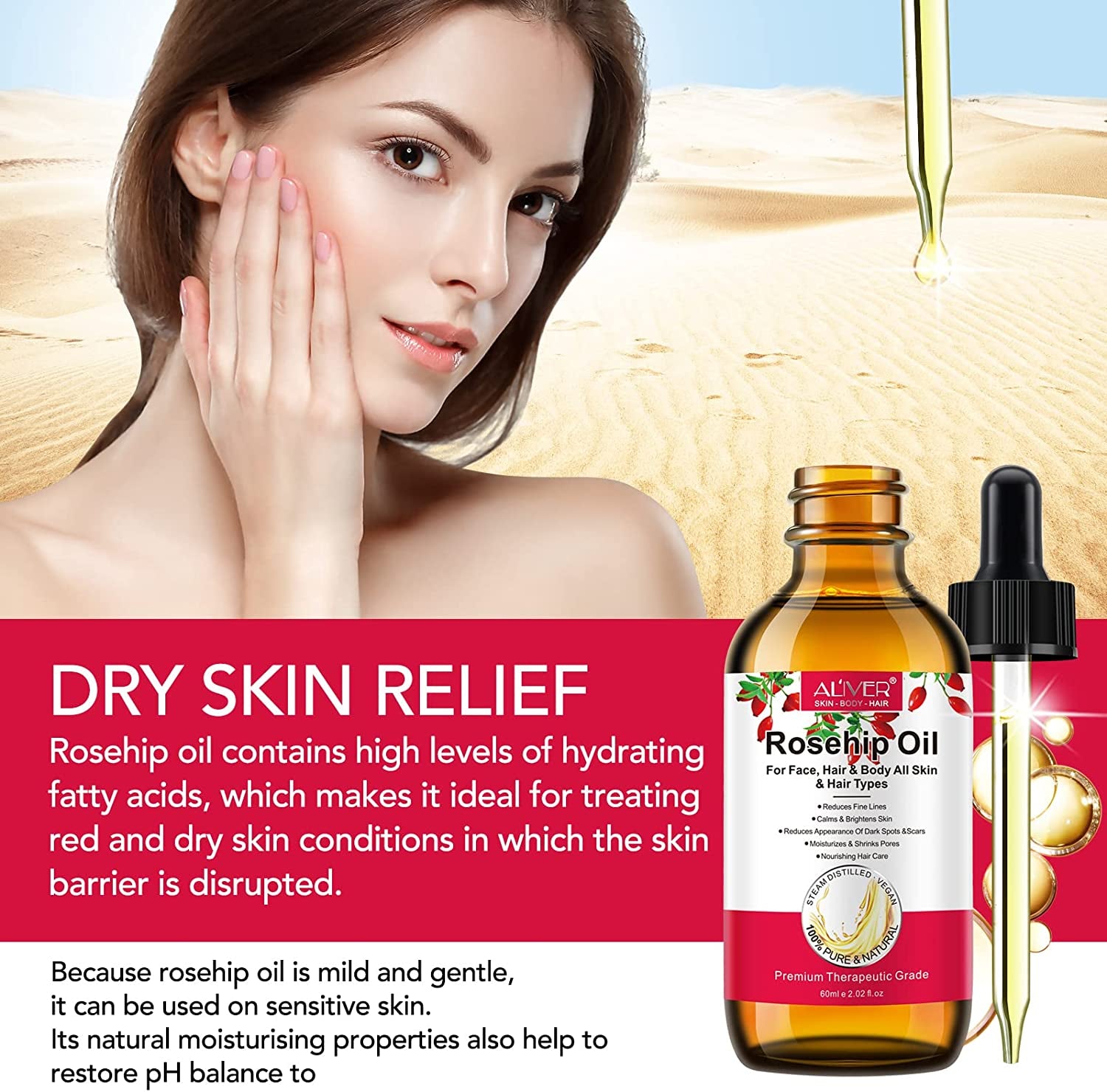 Organic Rosehip Oil for Face (2.02 Fl. Oz) - 100% Pure Cold Pressed Rosehip Seed Oil, Anti-Aging Moisturizer, Skin and Nail Treatment, Nourishing Hair Care