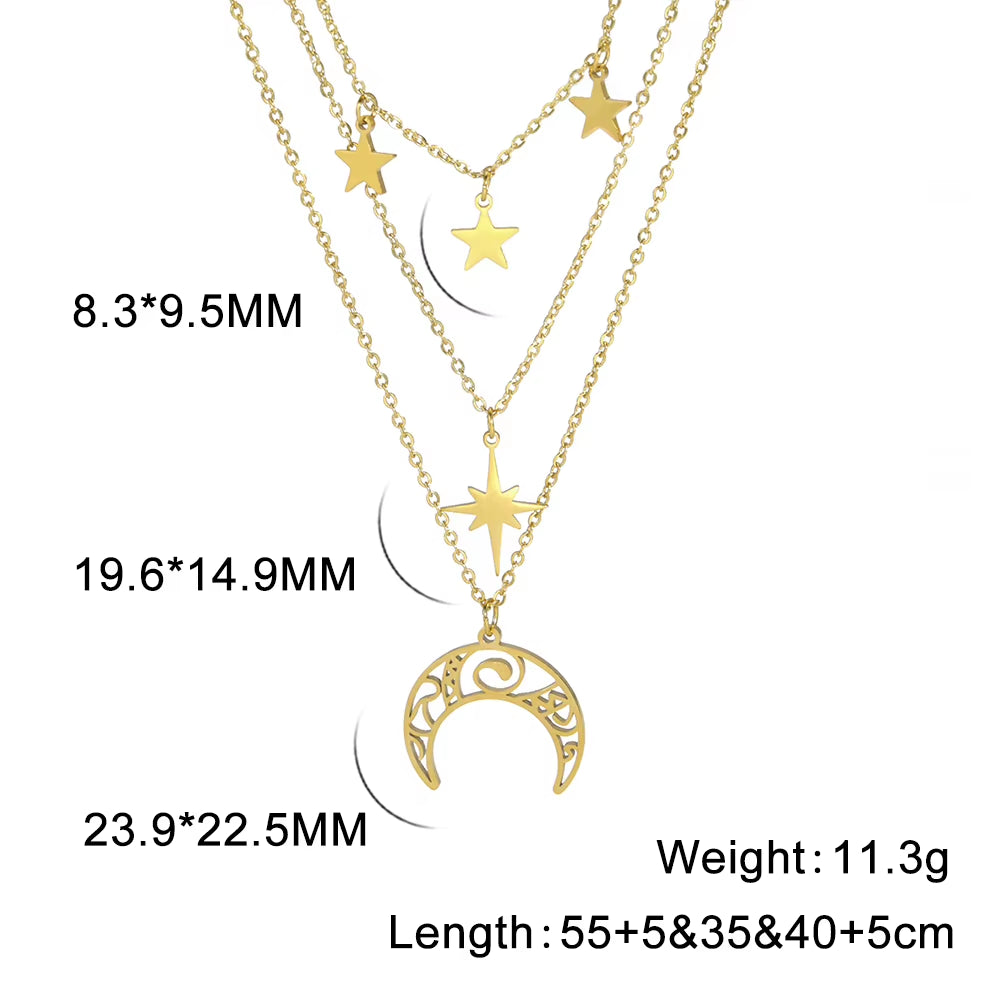 Three Layer Witchy Necklace for Women Star Moon Stainless Steel Necklaces Choker 2025 Layered Jewelry Clavicle Chain Gift