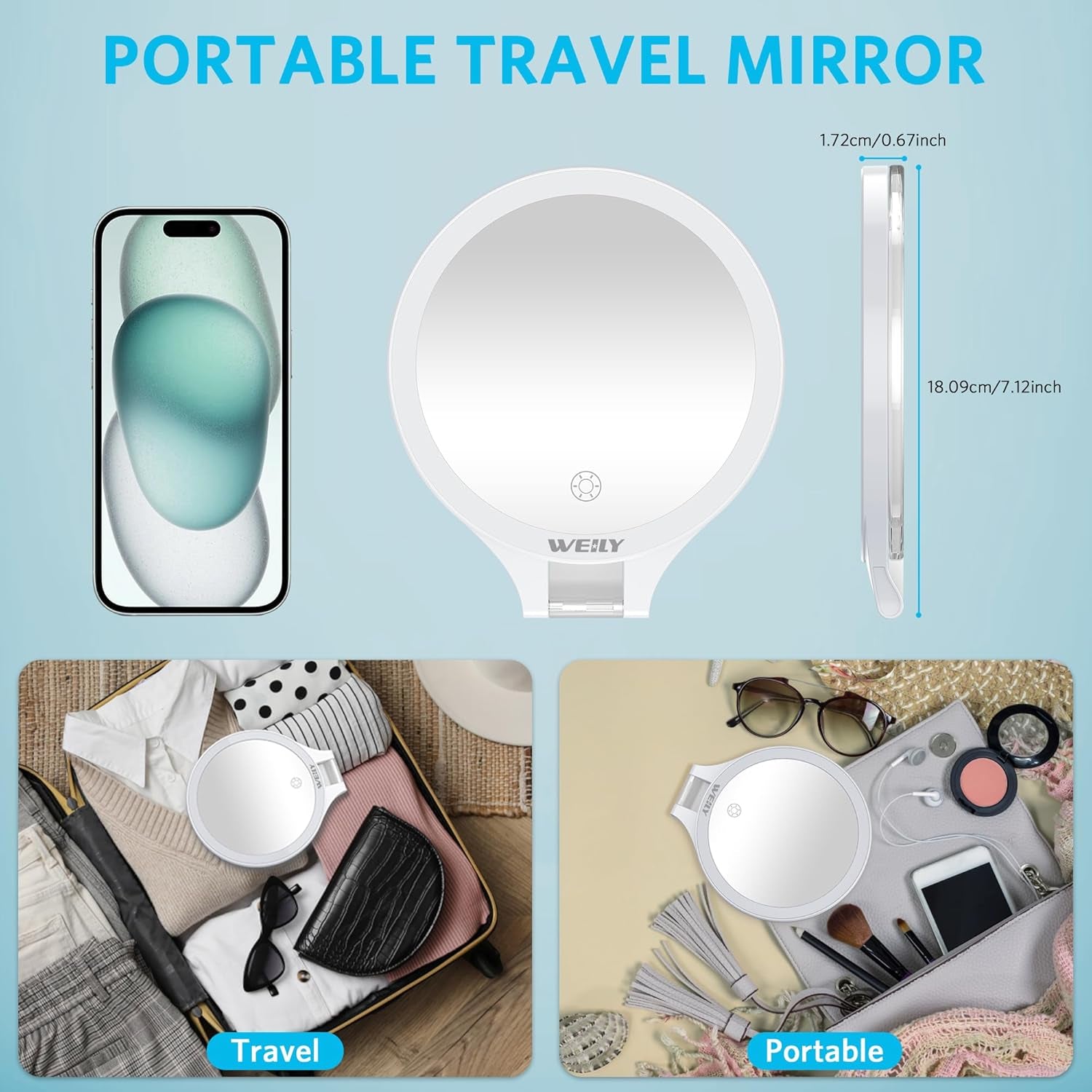 Illuminated Double-Sided Makeup Mirror with 10X/1X Magnification, Touch Control, Rechargeable, and Three Color Light Options for Travel and Home Use