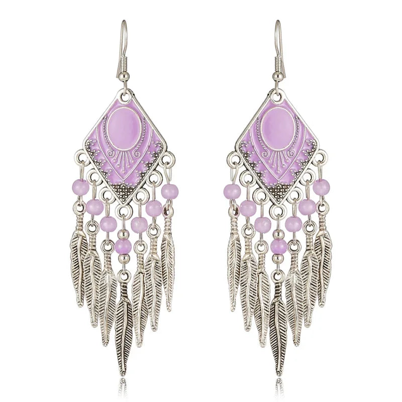 Vintage Ethnic Crystal Drop Oil Dangle Earrings for Women Retro Rhombus Leaf Tassel Earrings Female Vacation Style Jewelry