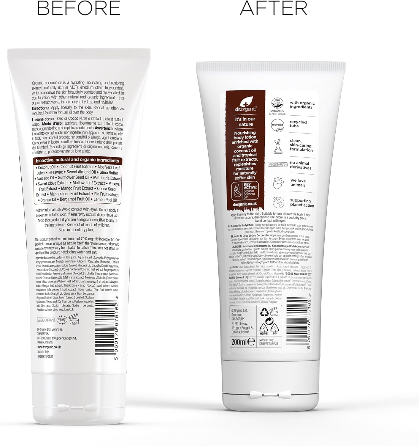 Dr Organic Coconut Oil Moisturizing Lotion for Dry Skin - Unisex, Natural, Vegetarian, Cruelty-Free, Paraben & SLS-Free, Organic, 200ml