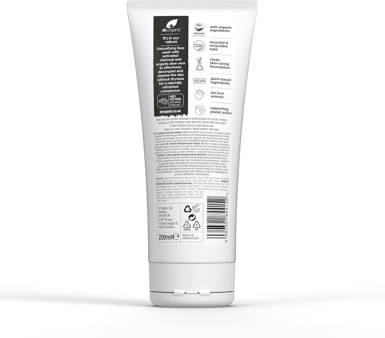 Dr Organic Charcoal Face Wash - Natural Cleansing Solution for Acne and Oily Skin, Vegan, Cruelty-Free, Paraben and SLS-Free, 200ml