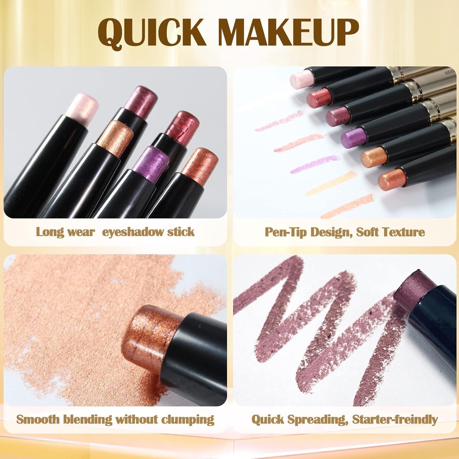 Dual-End Shimmer Eyeshadow Stick with Soft Brush - Waterproof and Long-Lasting Pearl Eyeshadow Pencil in Light Gold Shimmer (02)