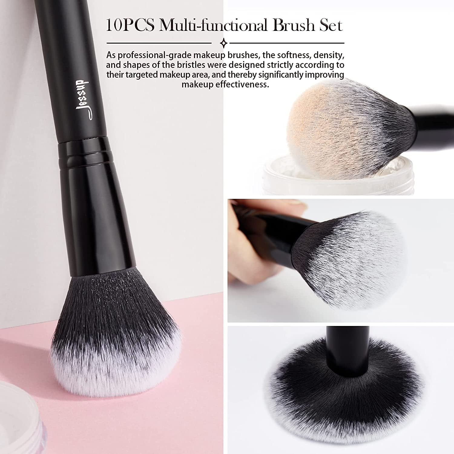 Professional 10-Piece Makeup Brush Set in Black with Natural and Synthetic Hair for Foundation, Blending, Blush, Concealer, Eyeshadow, Eyebrow, and Eyeliner Applications, T323