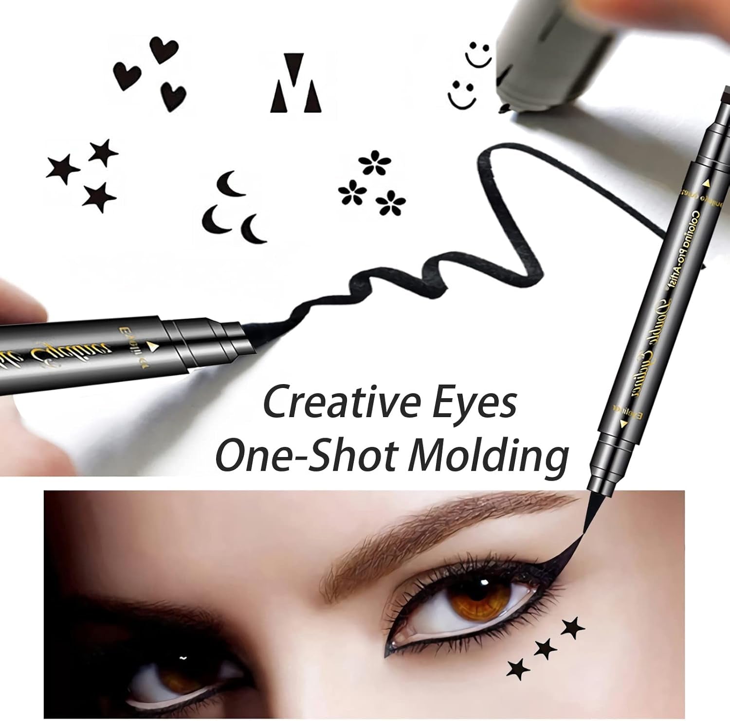 6-Piece Double-Headed Eyeliner Stamp Set - Black Liquid Eyeliner Pens with Star, Moon, Heart, Flower, Smiley, and Triangle Stencils for Women - Long-Lasting, Waterproof, and Smudge-Proof Makeup Kit