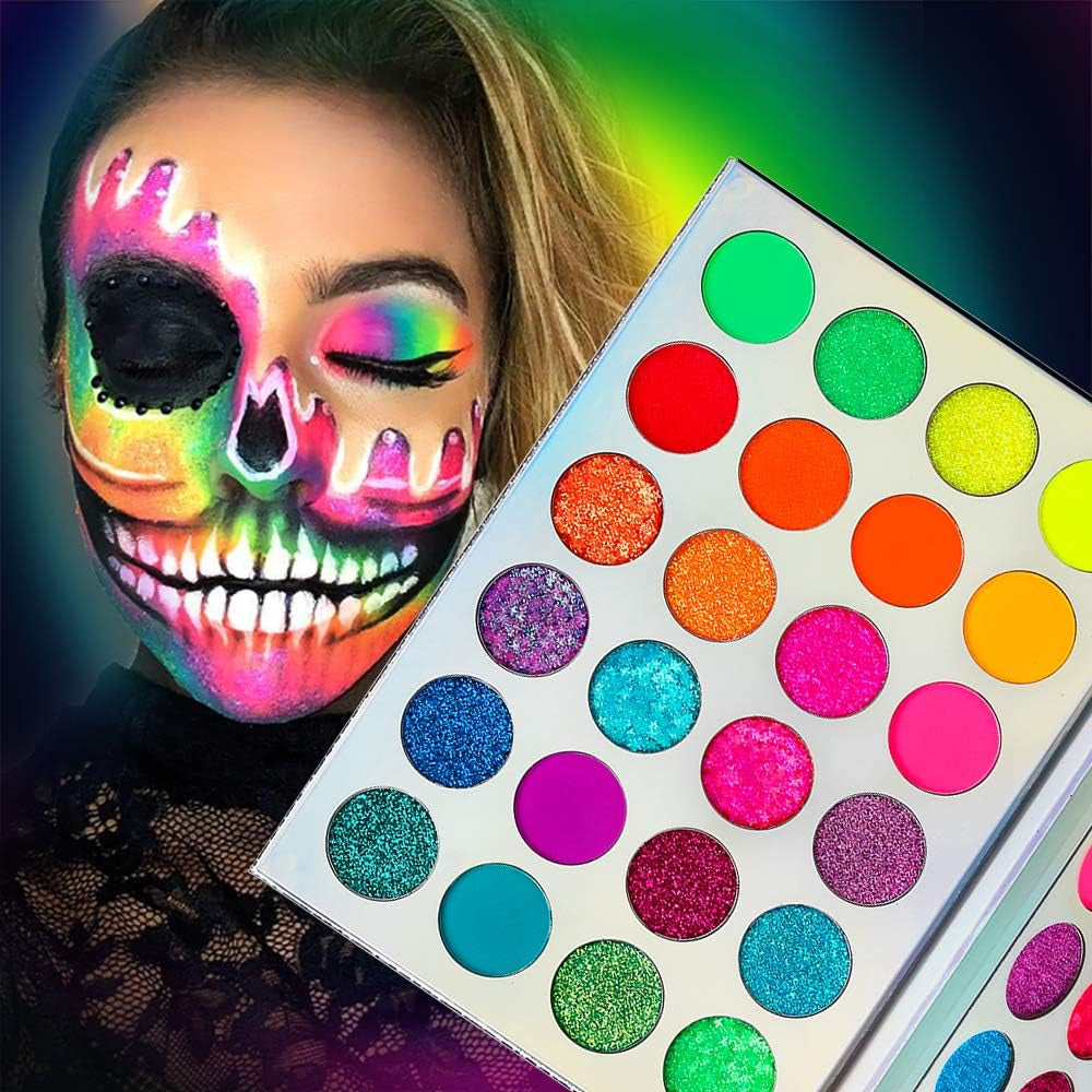 Neon Glow Eyeshadow Palette - Highly Pigmented UV Blacklight Eye Shadow Collection with Pressed Glitter in Red, Orange, and Pink