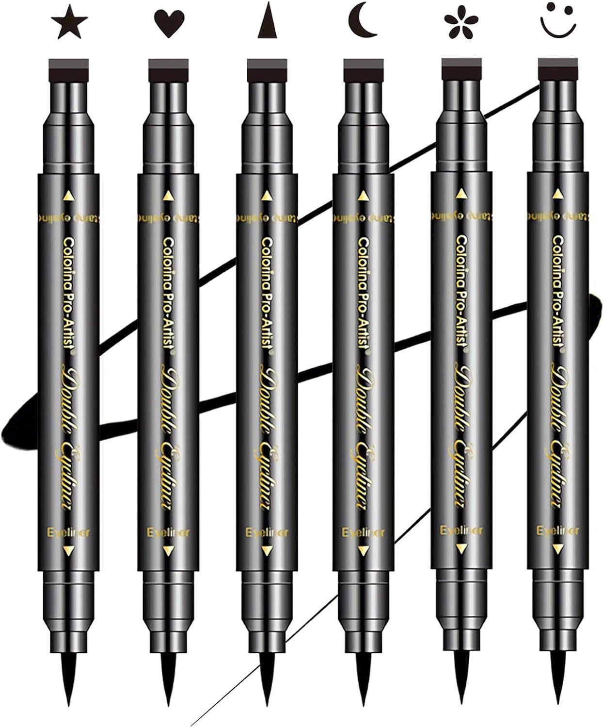 6-Piece Double-Headed Eyeliner Stamp Set - Black Liquid Eyeliner Pens with Star, Moon, Heart, Flower, Smiley, and Triangle Stencils for Women - Long-Lasting, Waterproof, and Smudge-Proof Makeup Kit