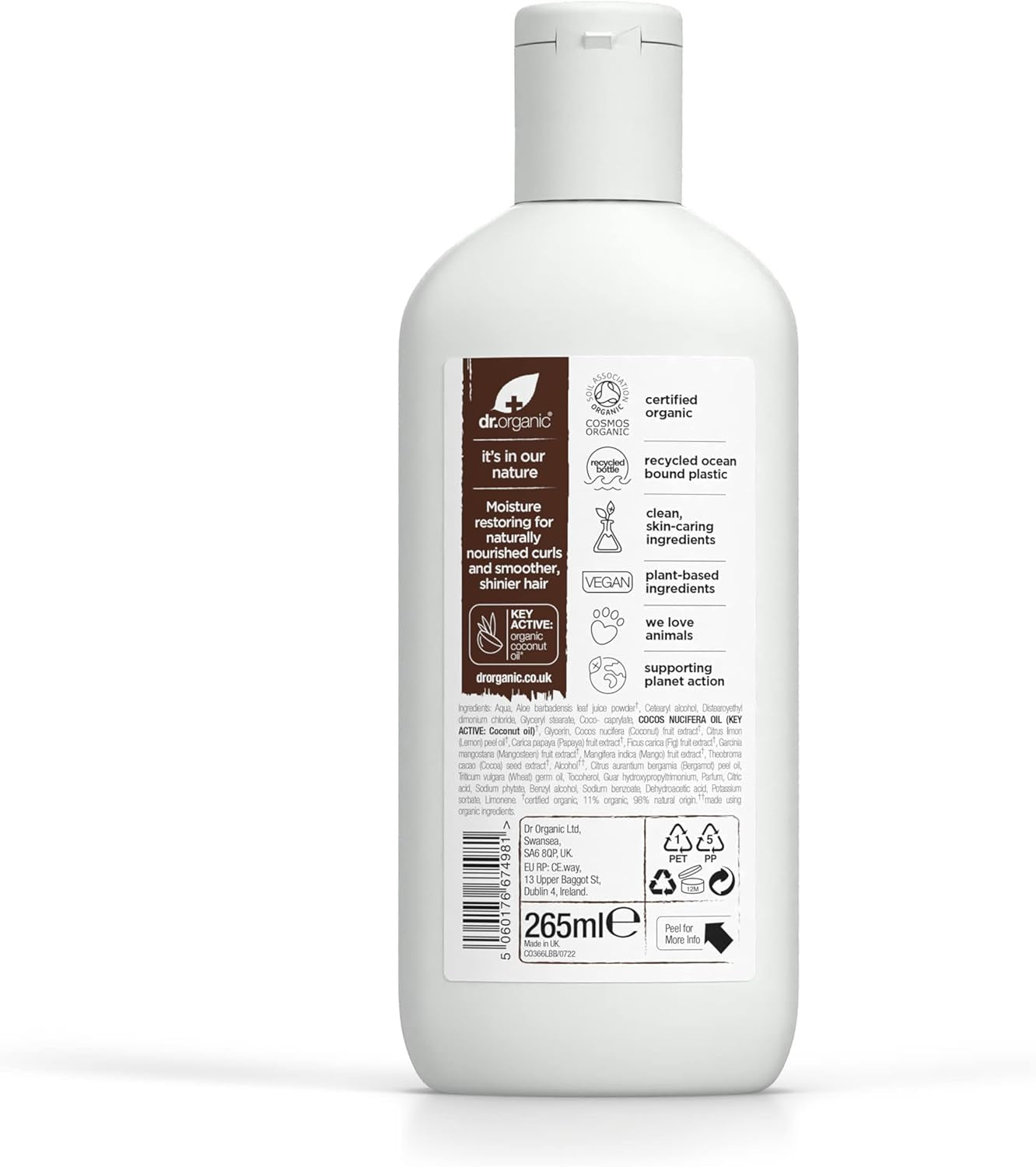 Dr Organic Coconut Oil Conditioner for Normal and Dry Hair, Hydrating Formula, Unisex, Natural, Vegan, Cruelty-Free, Paraben and SLS-Free, Organic, 265ml, Packaging May Vary