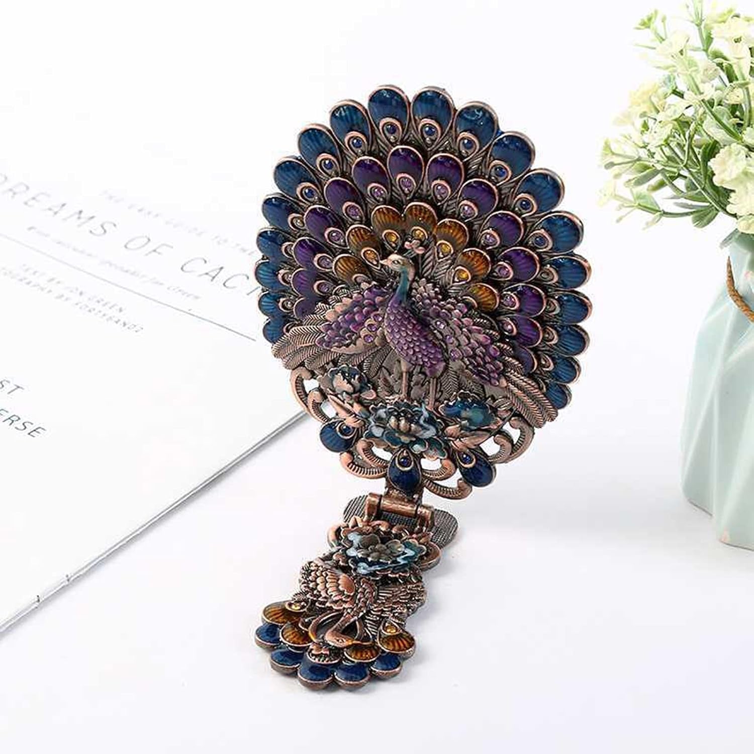 Antique-Style Foldable Metal Phoenix Cosmetic Mirror with Peacock Design - Portable Copper Vanity Mirror with Handle