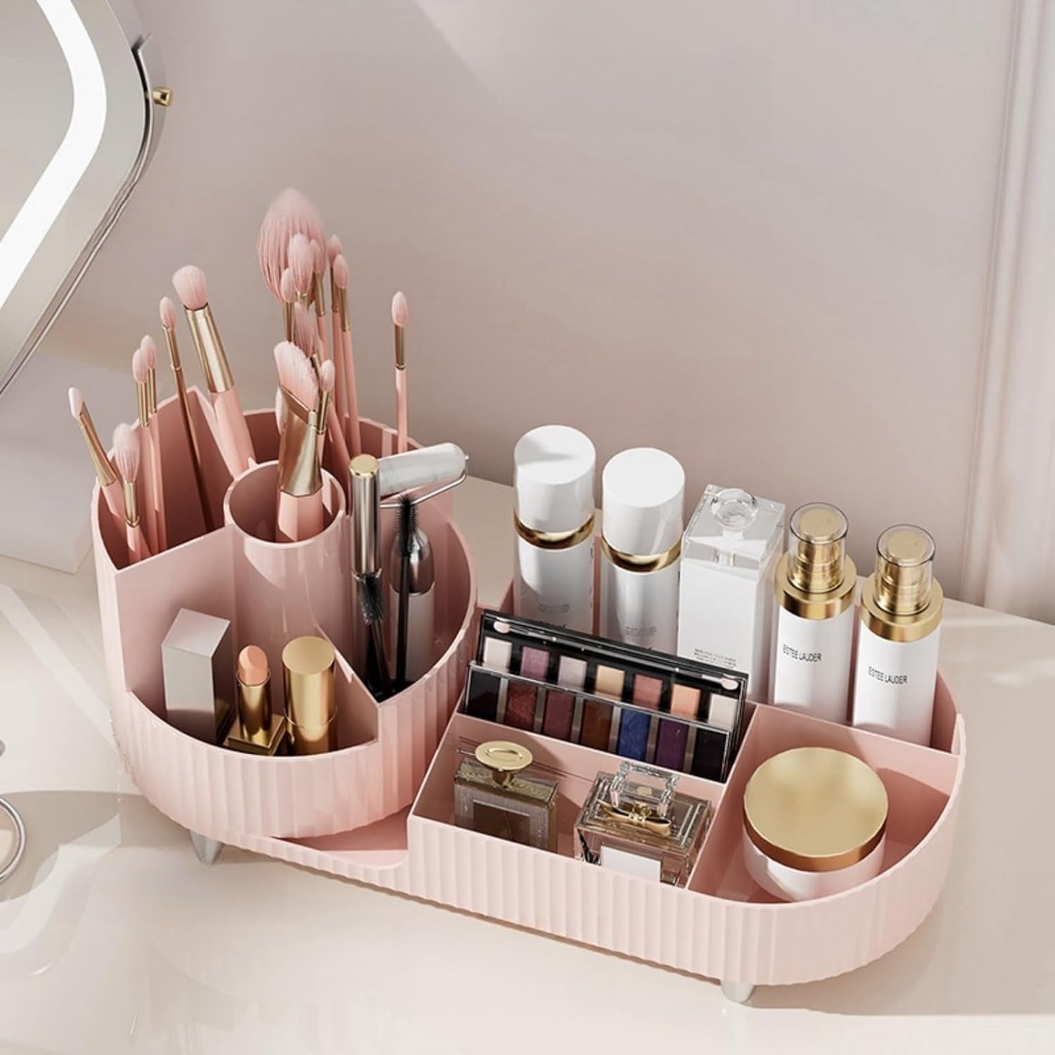Large Capacity Rotating Makeup Organizer - Elegant Cosmetic Display Case for Makeup Brushes, Lipsticks, and Skincare Products (Pink)