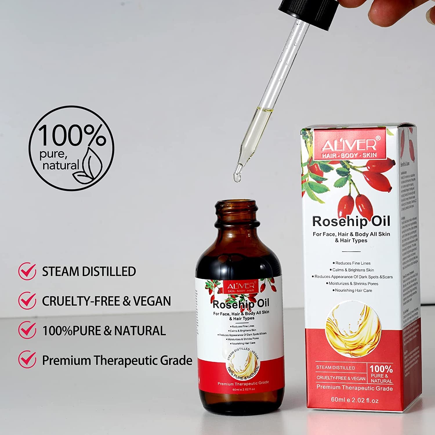 Organic Rosehip Oil for Face (2.02 Fl. Oz) - 100% Pure Cold Pressed Rosehip Seed Oil, Anti-Aging Moisturizer, Skin and Nail Treatment, Nourishing Hair Care