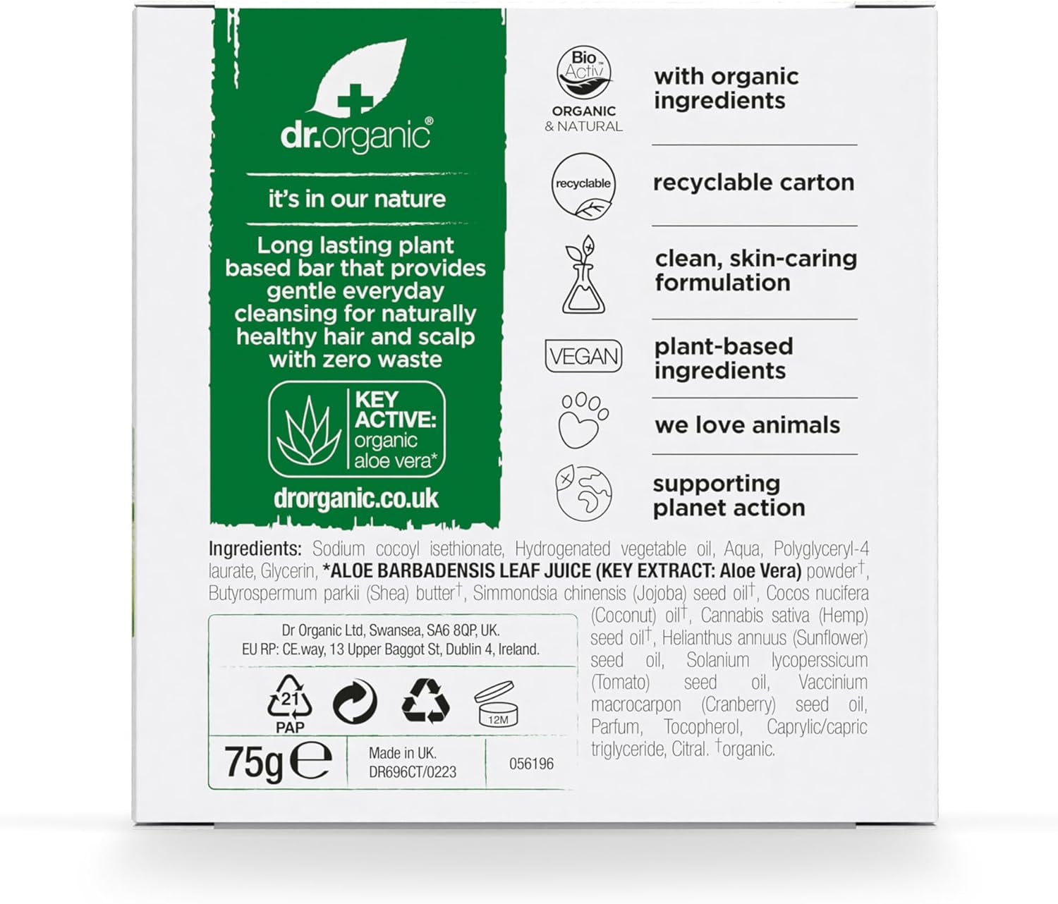 Dr. Organic Aloe Vera & Shea Shampoo and Conditioner Bar - Nourishing for Curly and Thick Hair, Plastic-Free, Natural, Vegan, Cruelty-Free, Paraben and SLS-Free, Organic, 75g