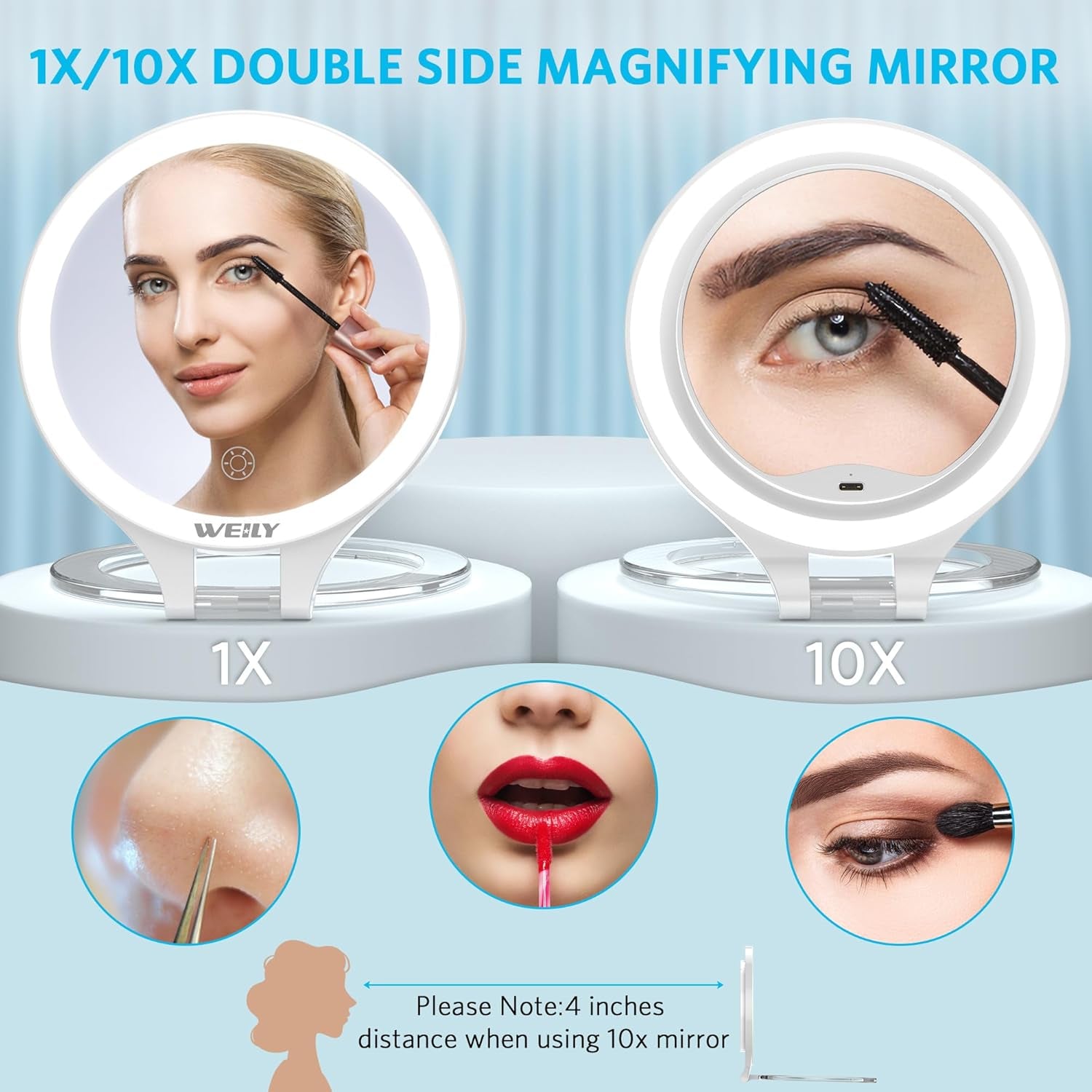 Illuminated Double-Sided Makeup Mirror with 10X/1X Magnification, Touch Control, Rechargeable, and Three Color Light Options for Travel and Home Use