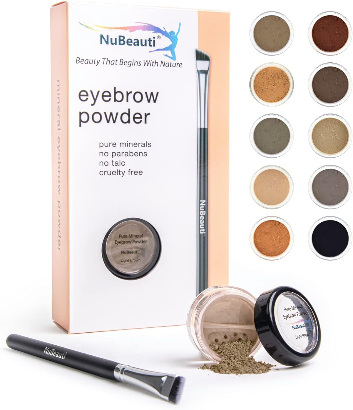 Natural Eyebrow Powder Kit with Professional Angled Brush – Mica-Based Formula in 10 Shades – Paraben and Chemical-Free Eyebrow Shaping Set