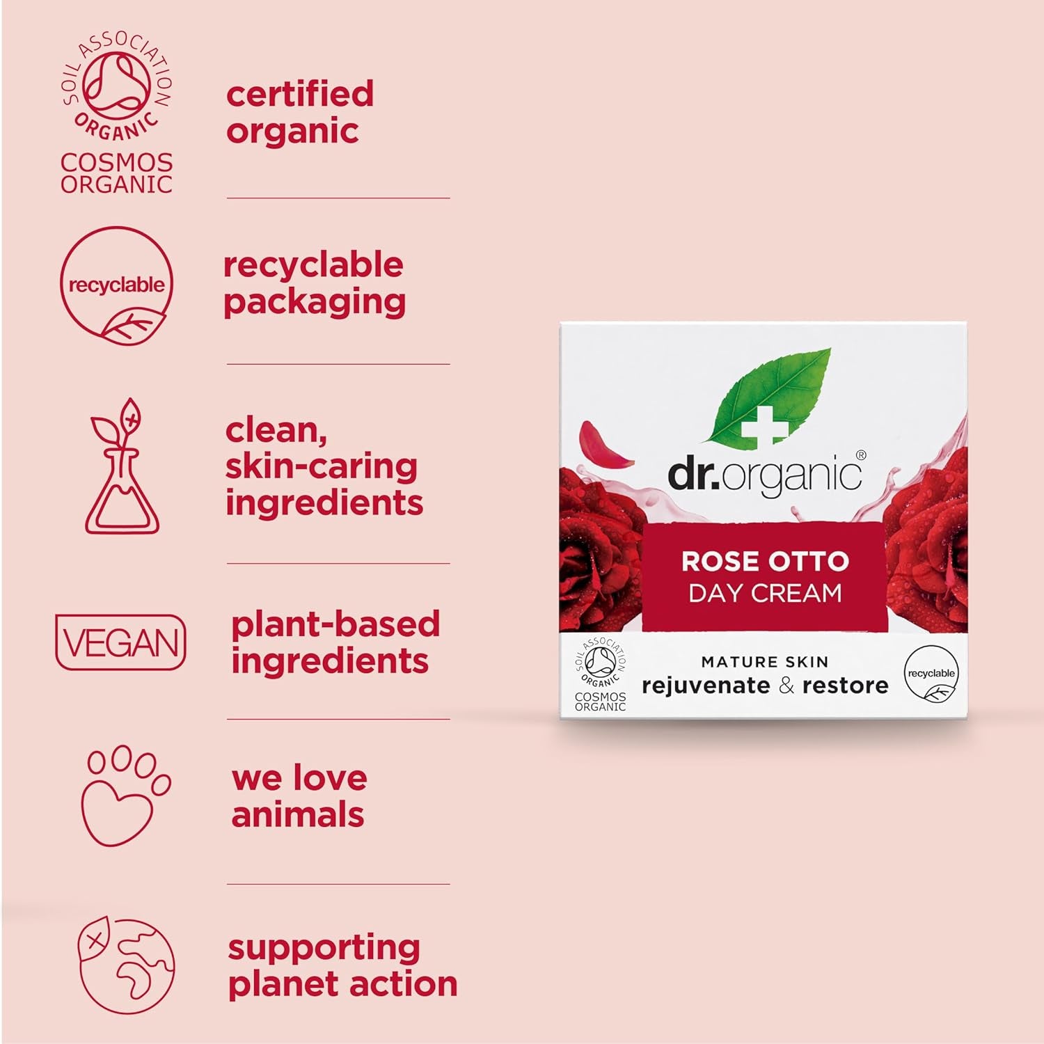 Dr Organic Rose Otto Day Cream - Moisturizing Formula for Mature Skin, Suitable for All Genders, Natural and Vegan, Cruelty-Free, Paraben & SLS-Free, Eco-Friendly Packaging, 50ml