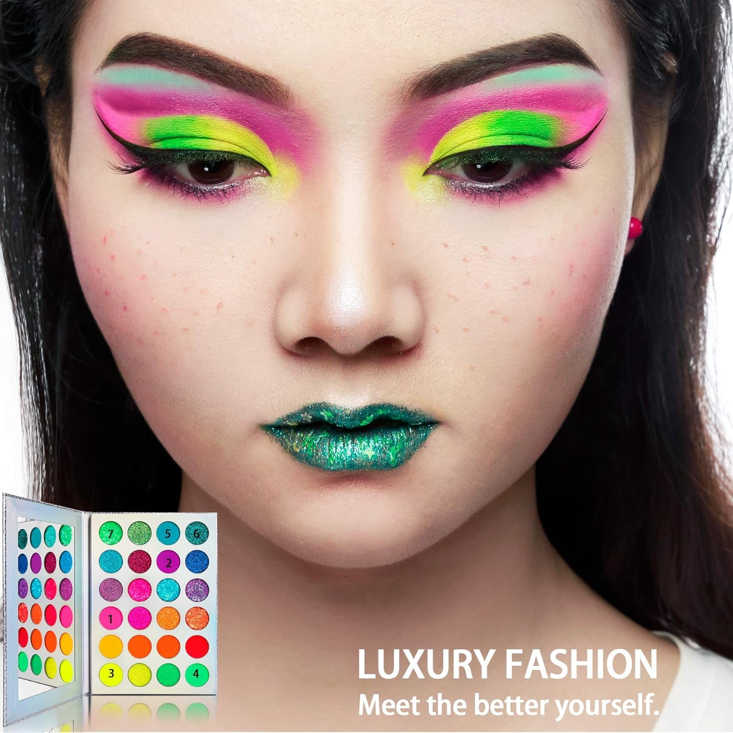 Neon Glow Eyeshadow Palette - Highly Pigmented UV Blacklight Eye Shadow Collection with Pressed Glitter in Red, Orange, and Pink