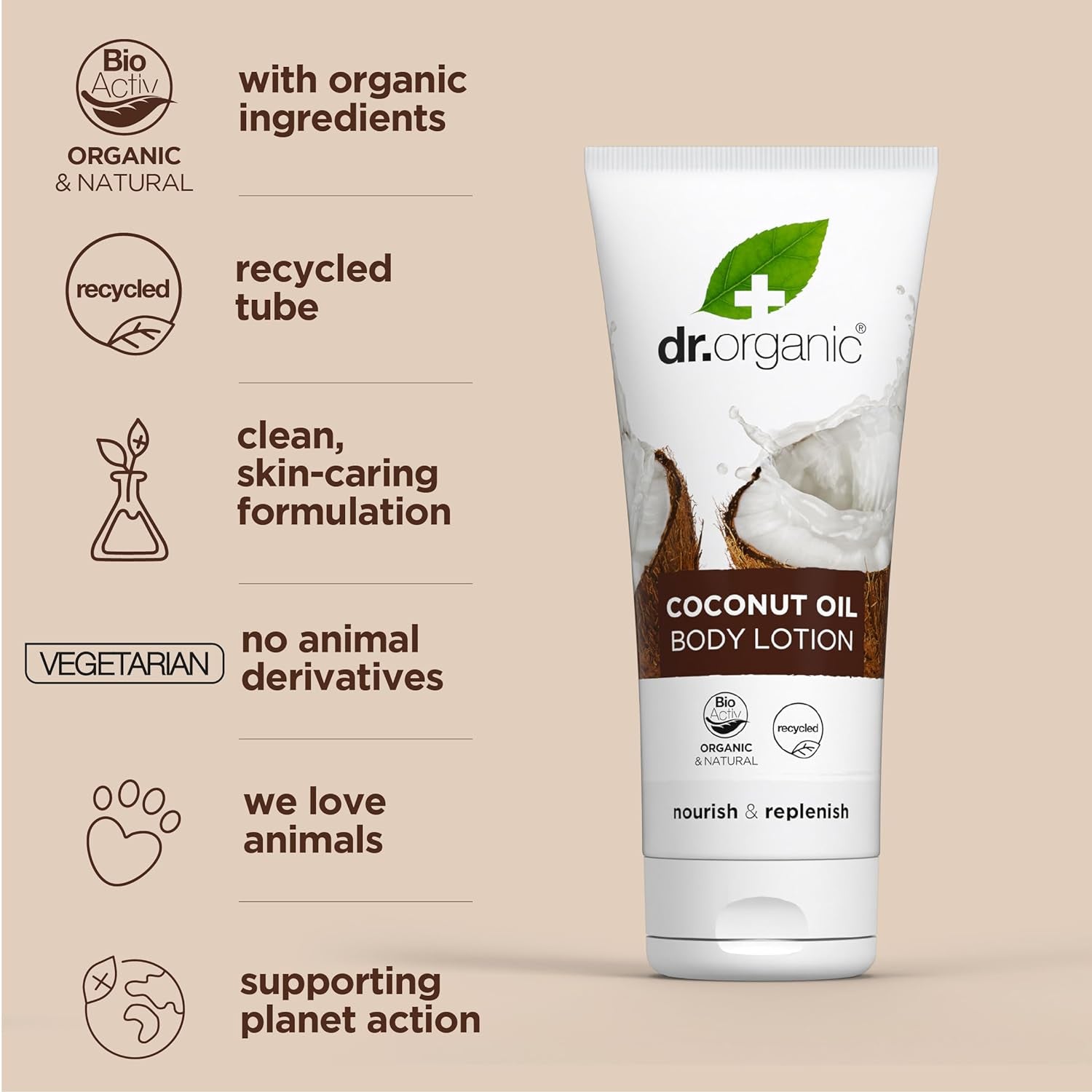 Dr Organic Coconut Oil Moisturizing Lotion for Dry Skin - Unisex, Natural, Vegetarian, Cruelty-Free, Paraben & SLS-Free, Organic, 200ml