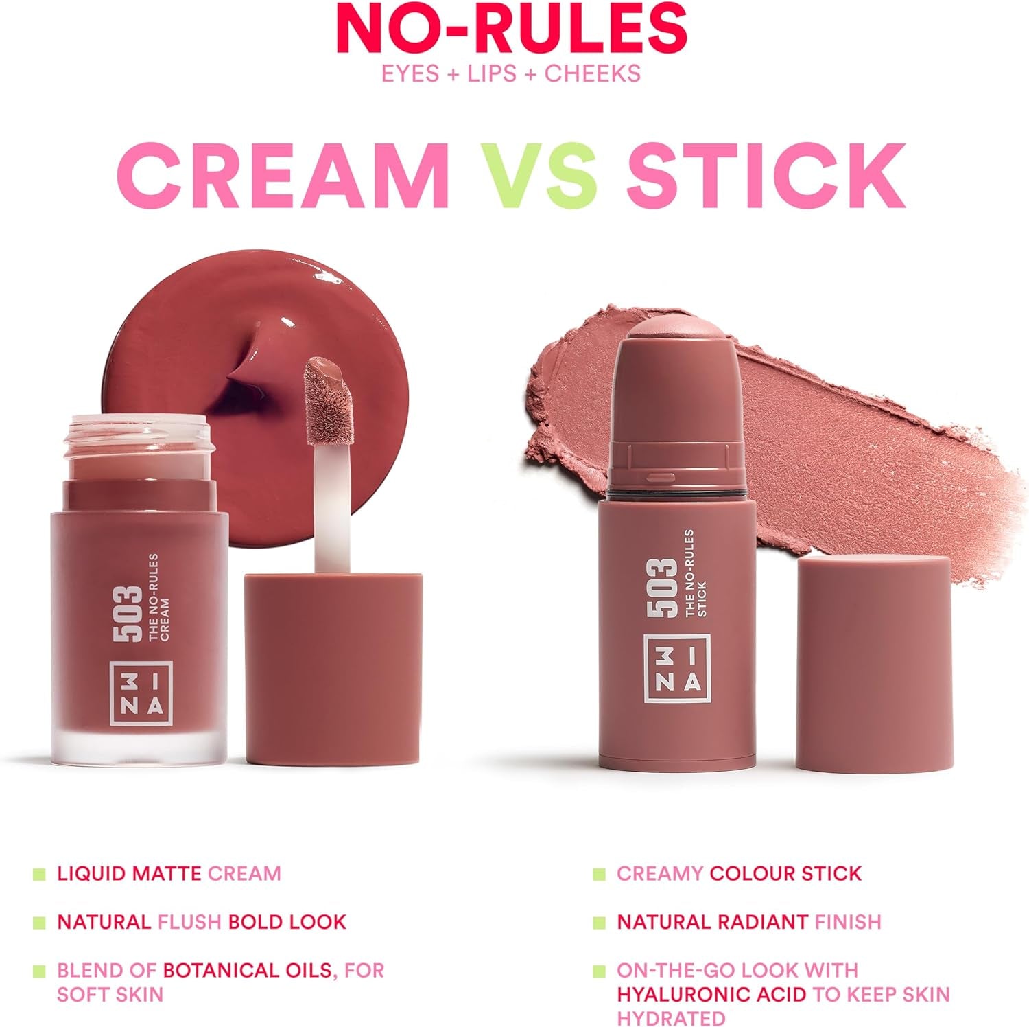 No-Rules Stick 503 - Skin Tone Blush Stick for Eyes, Lips, and Cheeks with Hyaluronic Acid - Cream Blusher for a Natural and Luminous Finish - Vegan and Cruelty-Free