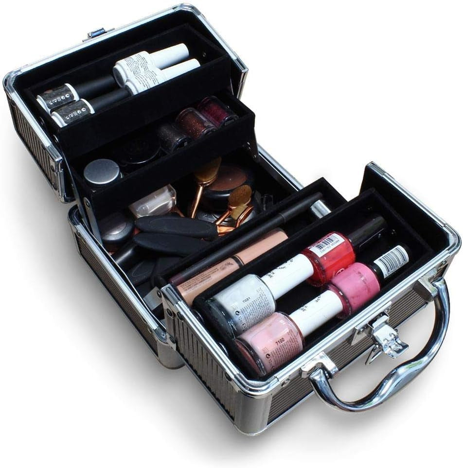 Aluminium Makeup Case with 4 Fold-Out Trays, Spacious Bottom Compartment, and Carry Handle - Black - Compact Size