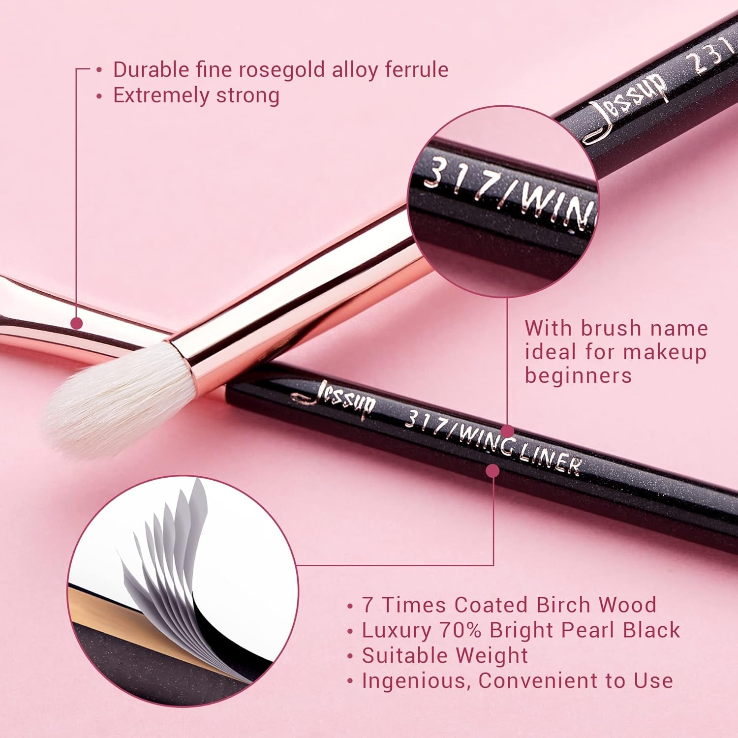 15-Piece Professional Makeup Brush Set with Wood Handles and Natural-Synthetic Hair, Pearl Black/Rose Gold, T157