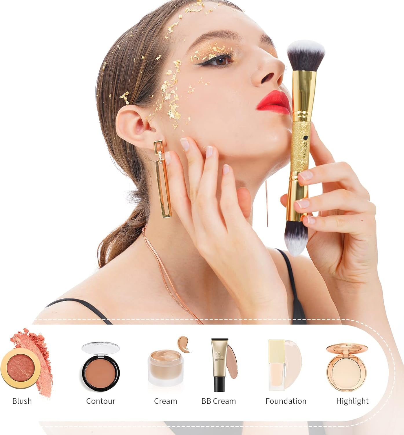 Duo-End Foundation and Contour Makeup Brushes - Synthetic Cosmetic Tools (2 Pieces, Gold)