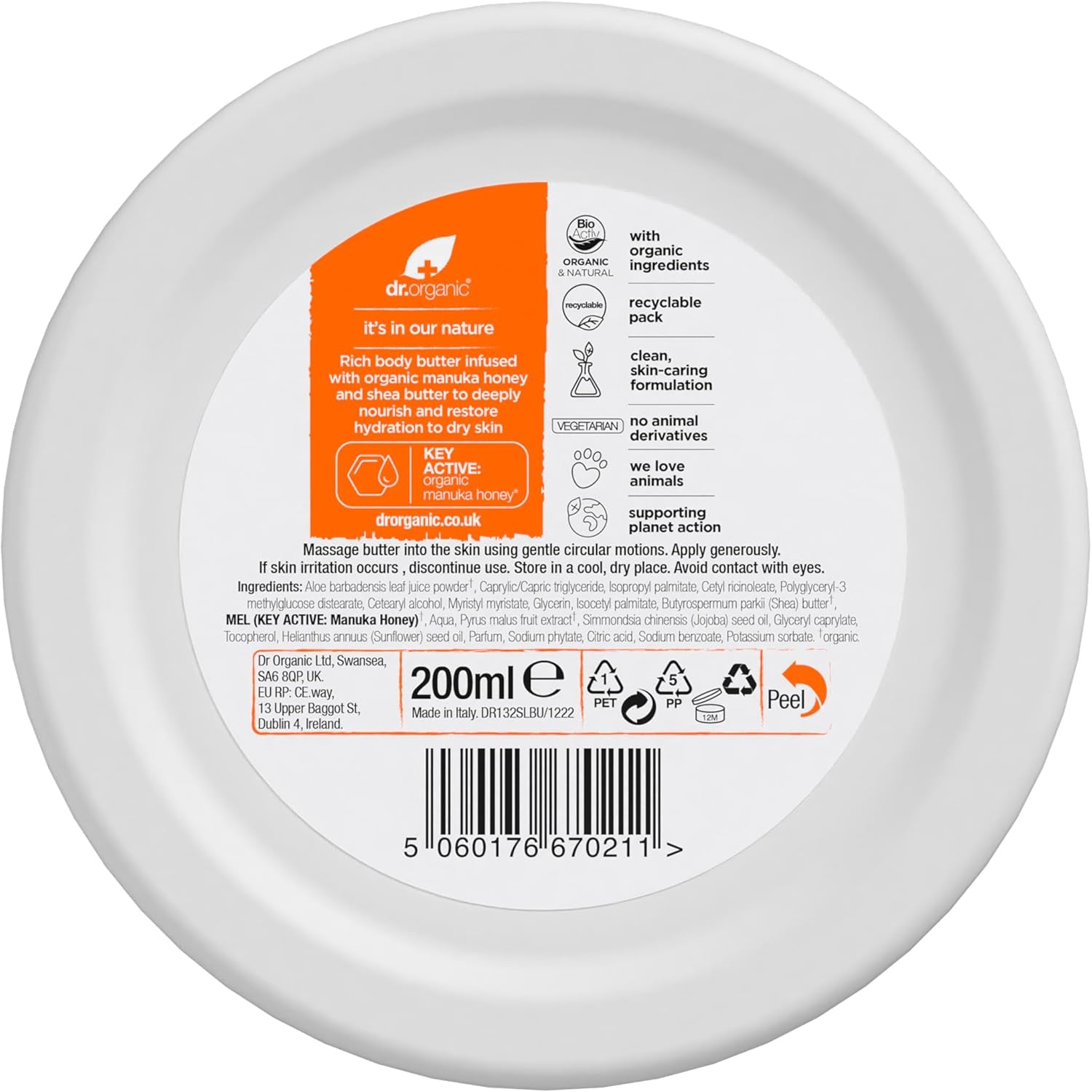 Dr. Organic Manuka Honey Body Butter - Moisturizing Formula for Dry Skin, Suitable for Men and Women, Natural, Vegetarian, Cruelty-Free, Paraben and SLS-Free, Organic, 200ml