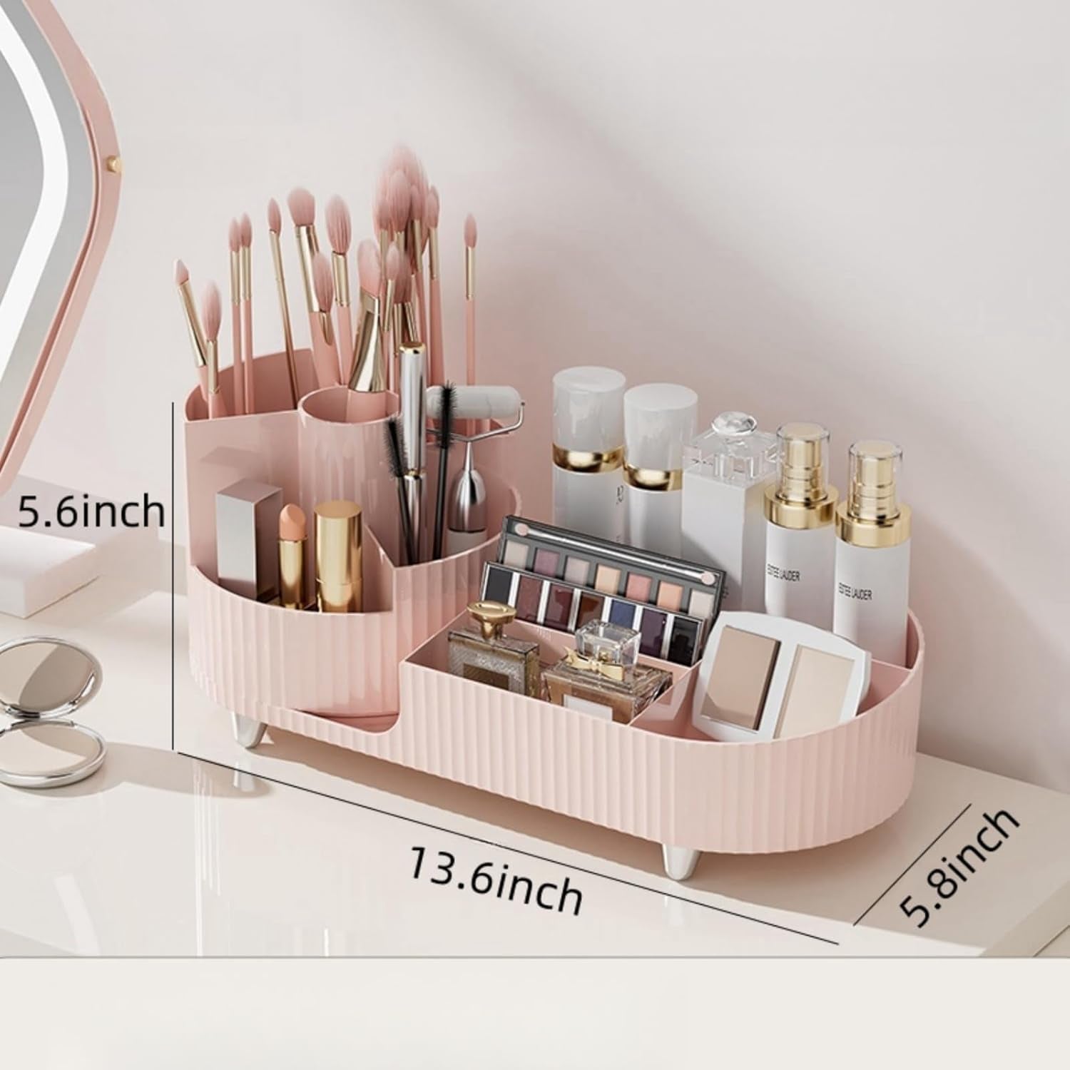 Large Capacity Rotating Makeup Organizer - Elegant Cosmetic Display Case for Makeup Brushes, Lipsticks, and Skincare Products (Pink)