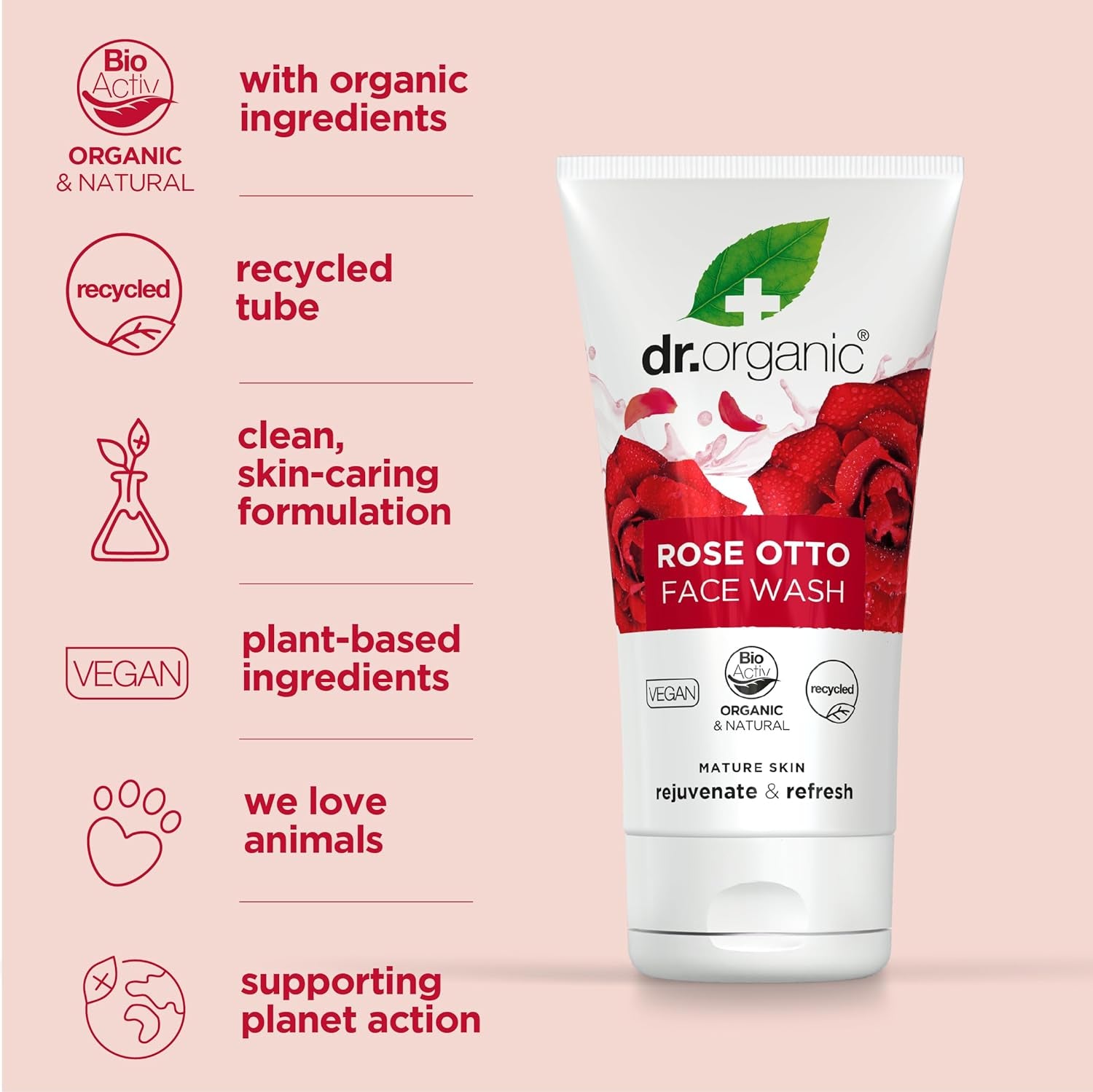 Dr Organic Rose Otto Cleansing Face Wash for Mature Skin - Natural, Vegan, Cruelty-Free, Paraben & SLS-Free, 150ml, Eco-Friendly Packaging