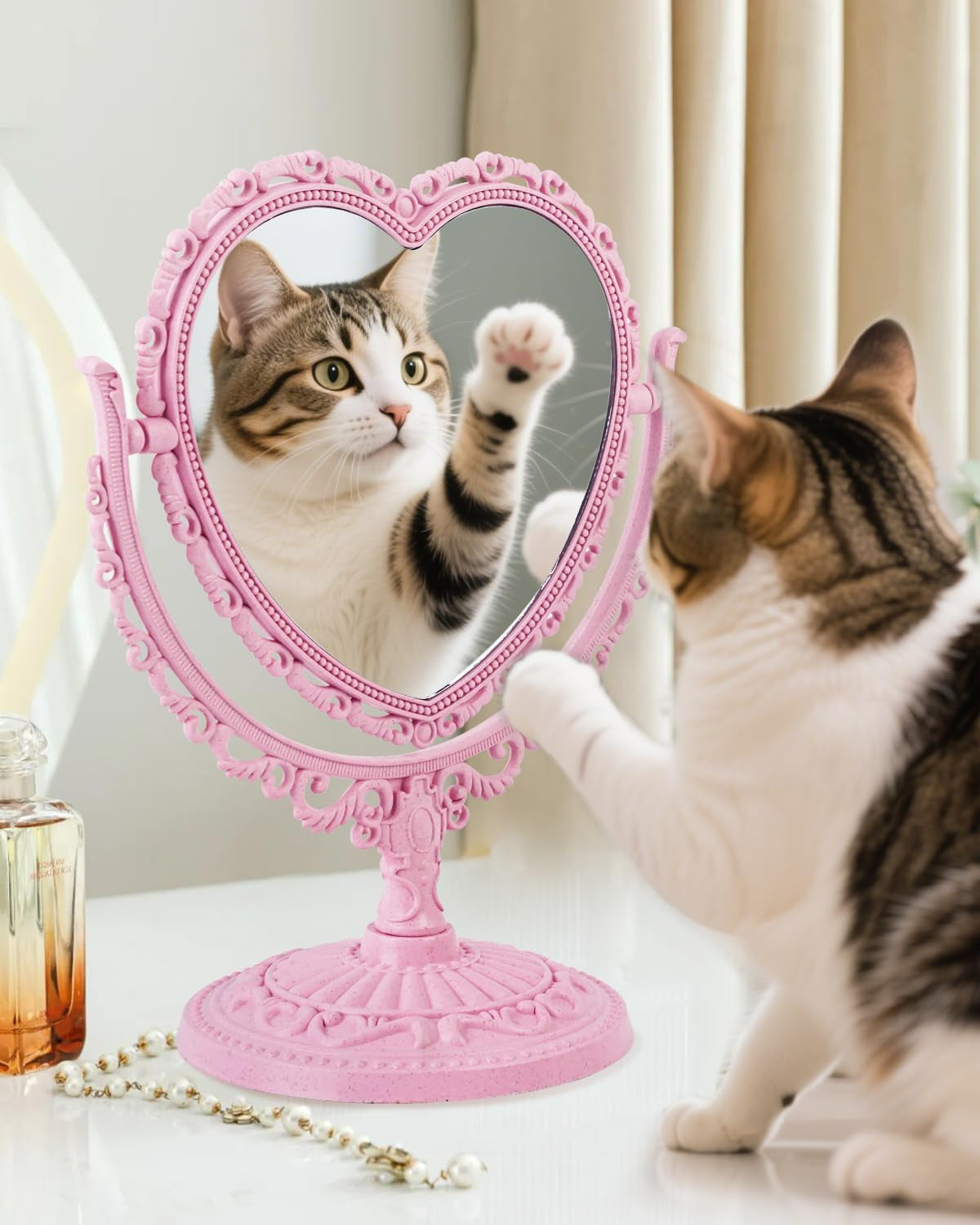 7-Inch Dual-Sided Swivel Vanity Makeup Mirror with 3X Magnification, Decorative Framed European Style, Oval Pink Heart-Shaped Design for Bathroom and Dressing Table