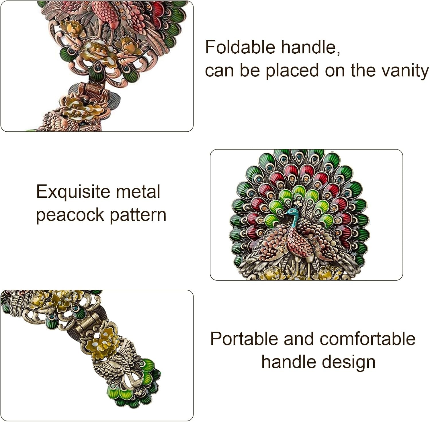 Antique-Style Foldable Metal Phoenix Cosmetic Mirror with Peacock Design - Portable Copper Vanity Mirror with Handle