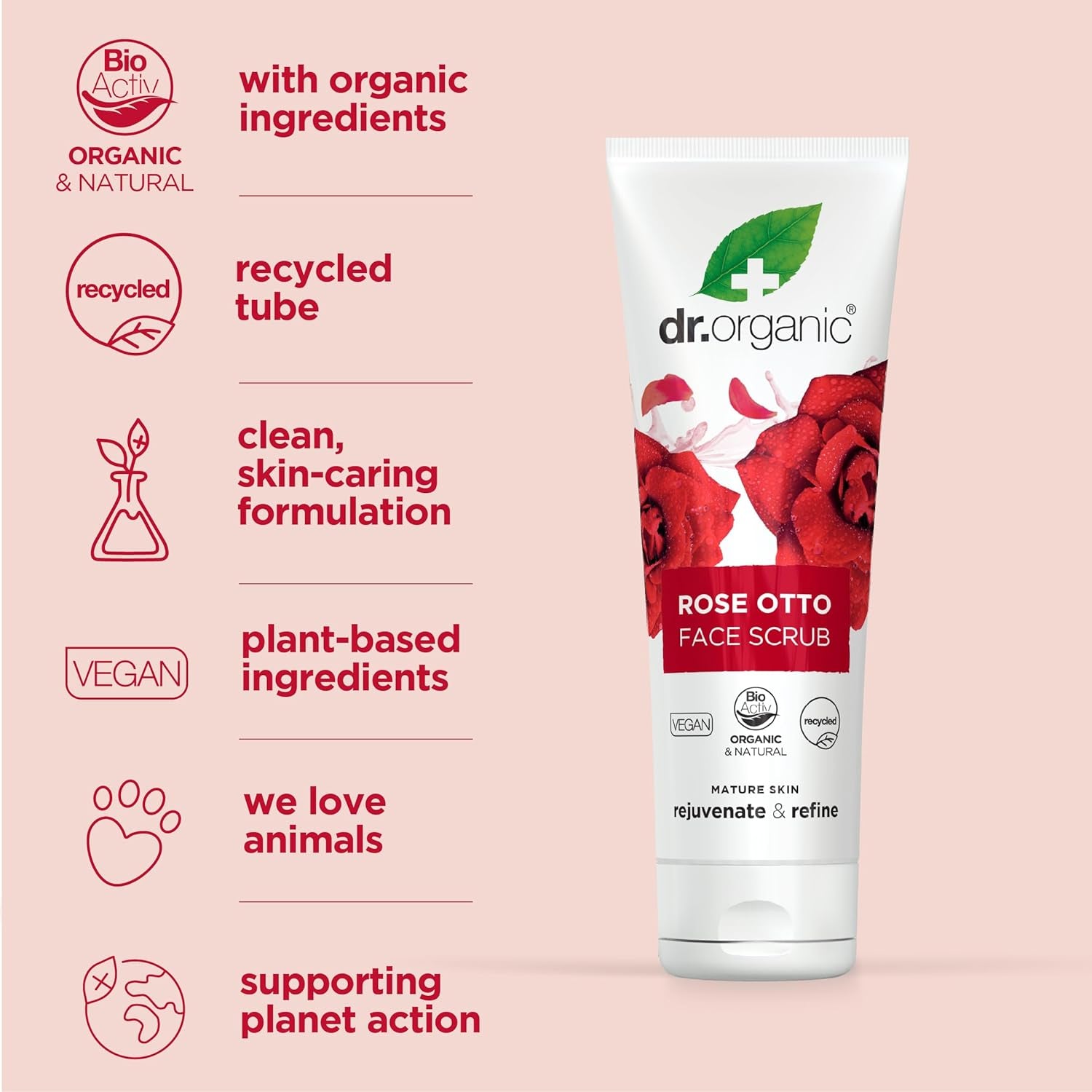 Dr Organic Rose Otto Exfoliating Face Scrub for Mature Skin, Unisex, Natural, Vegetarian, Cruelty-Free, Paraben & SLS-Free, Organic, 125ml, Eco-Friendly Packaging
