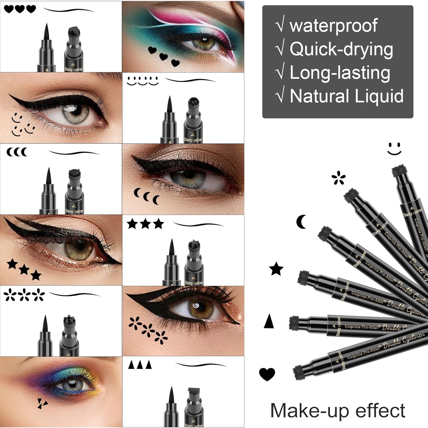6-Piece Double-Headed Eyeliner Stamp Set - Black Liquid Eyeliner Pens with Star, Moon, Heart, Flower, Smiley, and Triangle Stencils for Women - Long-Lasting, Waterproof, and Smudge-Proof Makeup Kit