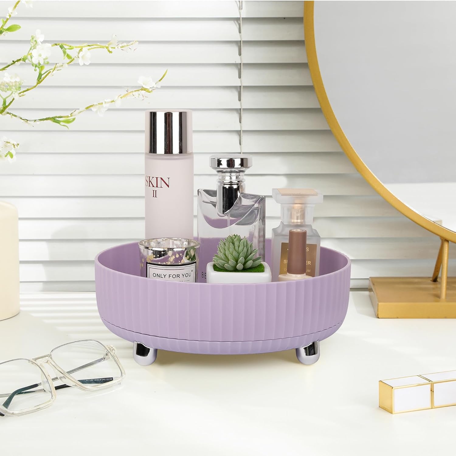 Makeup Perfume Organizer Tray 360 Degree Rotating Lazy Susan Skincare Lotion Organizer Spinning Cosmetics Storage for Dresser, Vanity, Bathroom Countertop, Small Purple
