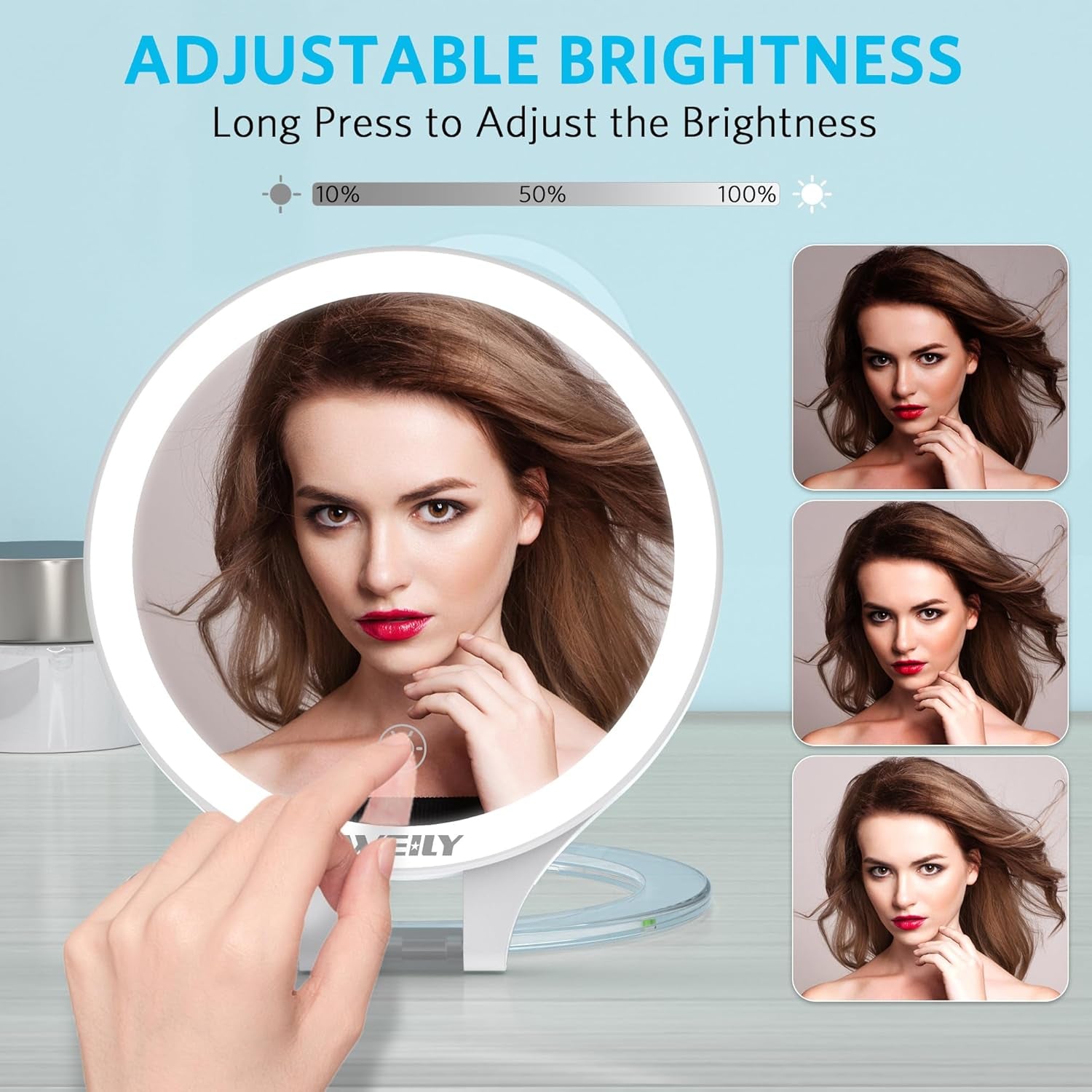 Illuminated Double-Sided Makeup Mirror with 10X/1X Magnification, Touch Control, Rechargeable, and Three Color Light Options for Travel and Home Use