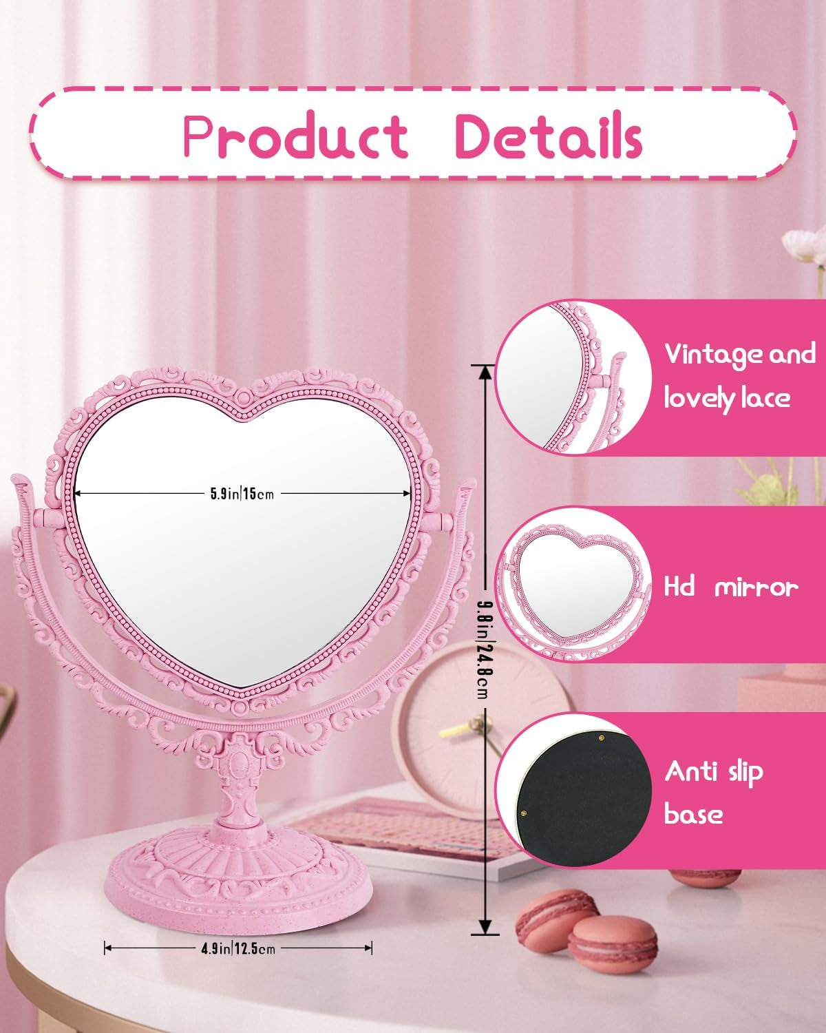 7-Inch Dual-Sided Swivel Vanity Makeup Mirror with 3X Magnification, Decorative Framed European Style, Oval Pink Heart-Shaped Design for Bathroom and Dressing Table