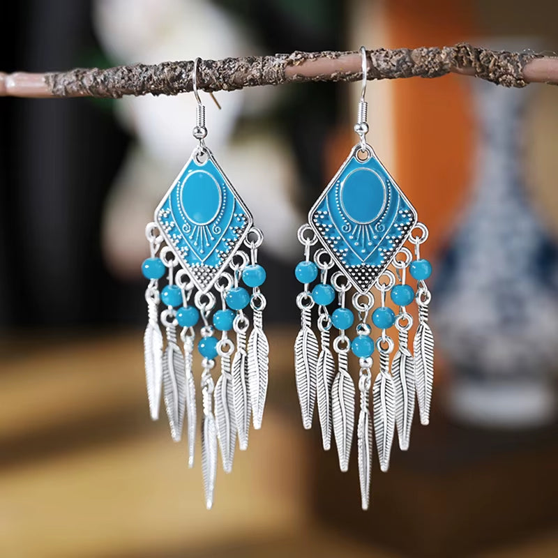 Vintage Ethnic Crystal Drop Oil Dangle Earrings for Women Retro Rhombus Leaf Tassel Earrings Female Vacation Style Jewelry