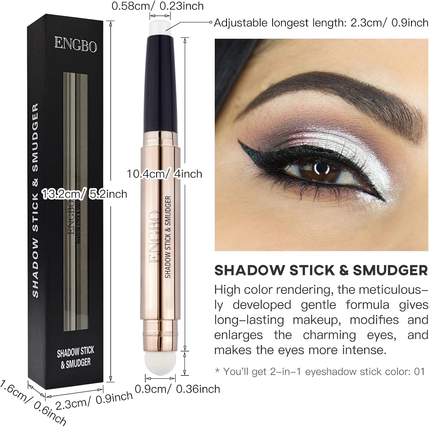 Eye Brightening Cream Eyeshadow Stick with Glitter Shimmer and Soft Brush Applicator (01# Pearl White Shimmer)