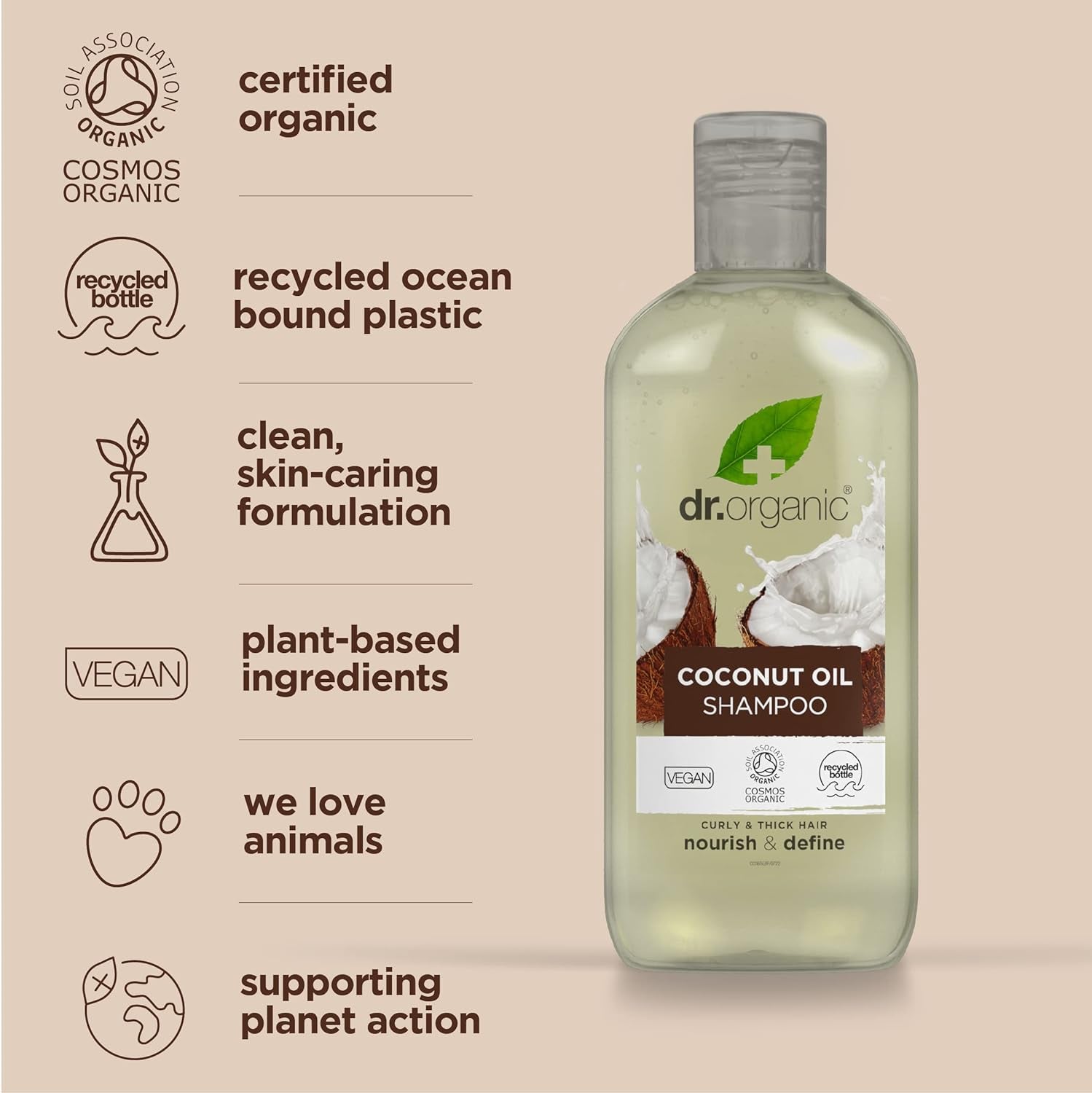 Dr Organic Coconut Oil Shampoo for Hydration - Suitable for Normal and Dry Hair, Unisex, Natural, Vegan, Cruelty-Free, Paraben and SLS-Free, Organic, 265ml (Packaging May Vary)