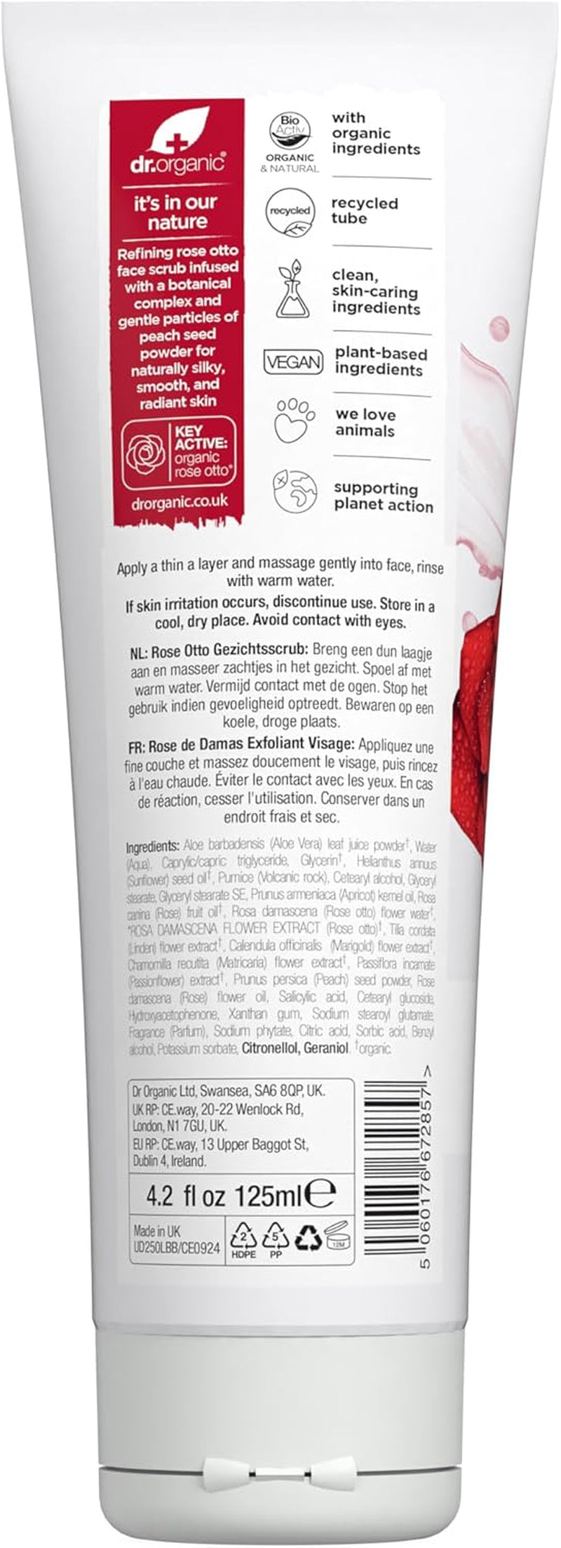 Dr Organic Rose Otto Exfoliating Face Scrub for Mature Skin, Unisex, Natural, Vegetarian, Cruelty-Free, Paraben & SLS-Free, Organic, 125ml, Eco-Friendly Packaging