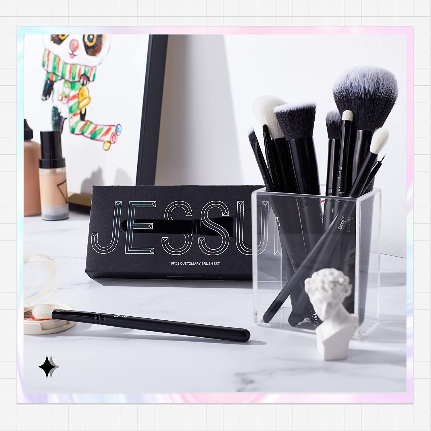 Professional 10-Piece Makeup Brush Set in Black with Natural and Synthetic Hair for Foundation, Blending, Blush, Concealer, Eyeshadow, Eyebrow, and Eyeliner Applications, T323