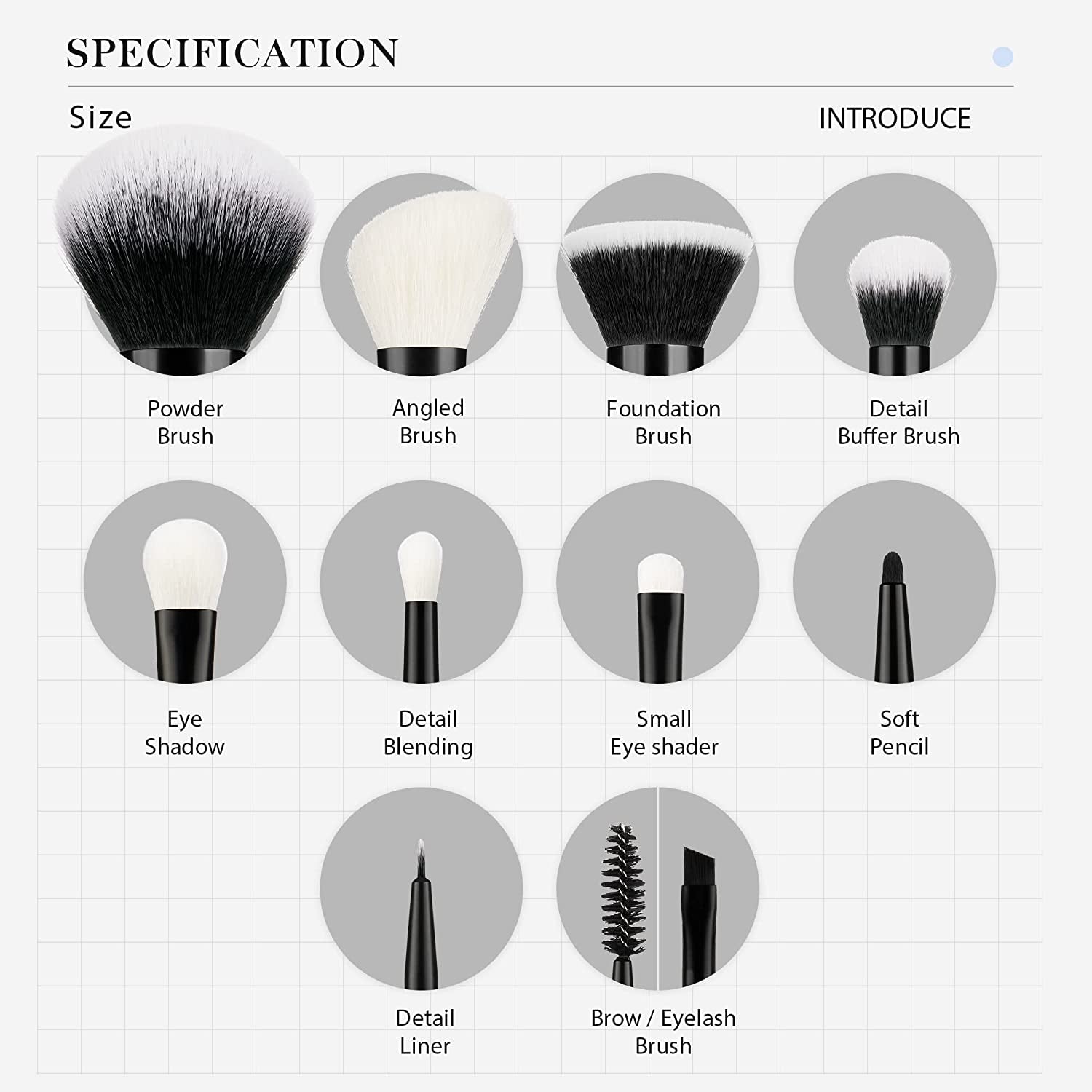 Professional 10-Piece Makeup Brush Set in Black with Natural and Synthetic Hair for Foundation, Blending, Blush, Concealer, Eyeshadow, Eyebrow, and Eyeliner Applications, T323