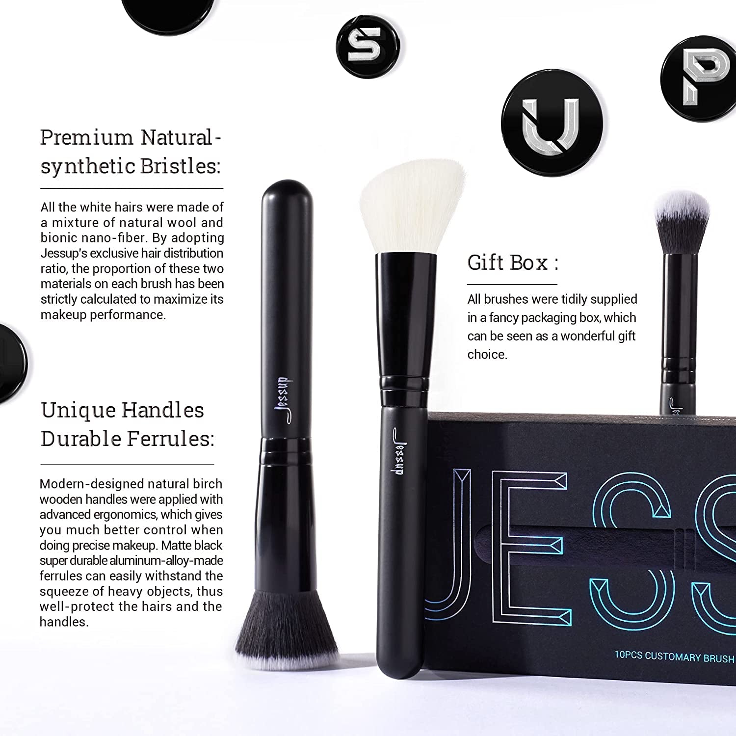 Professional 10-Piece Makeup Brush Set in Black with Natural and Synthetic Hair for Foundation, Blending, Blush, Concealer, Eyeshadow, Eyebrow, and Eyeliner Applications, T323